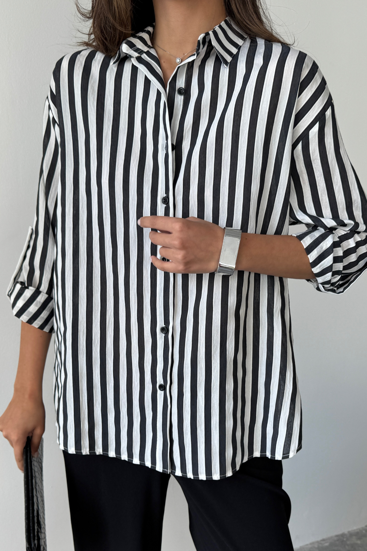 ÇİZGİLİ GÖMLEK  KETEN - Siyah