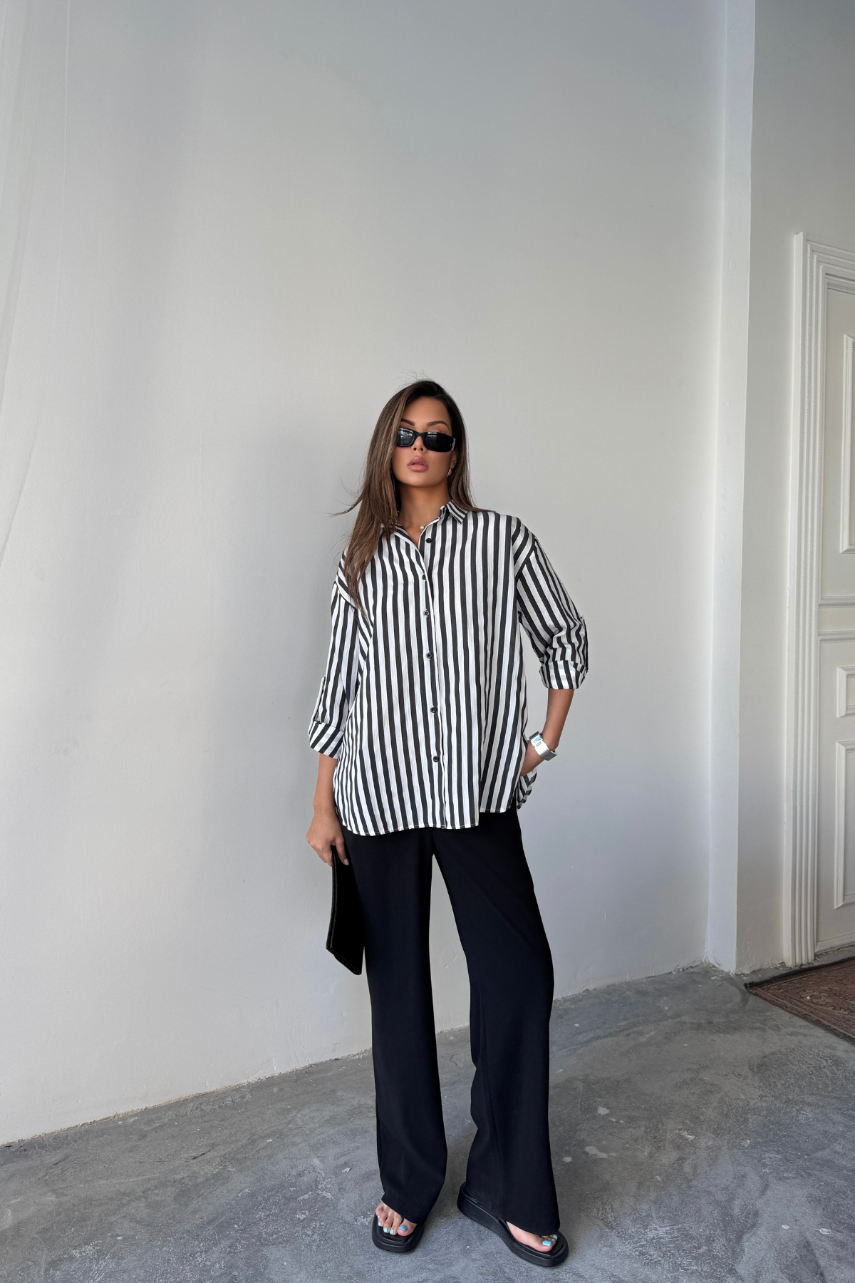 ÇİZGİLİ GÖMLEK  KETEN - Siyah