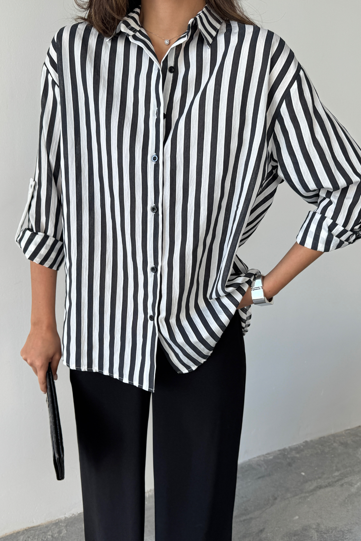 ÇİZGİLİ GÖMLEK  KETEN - Siyah