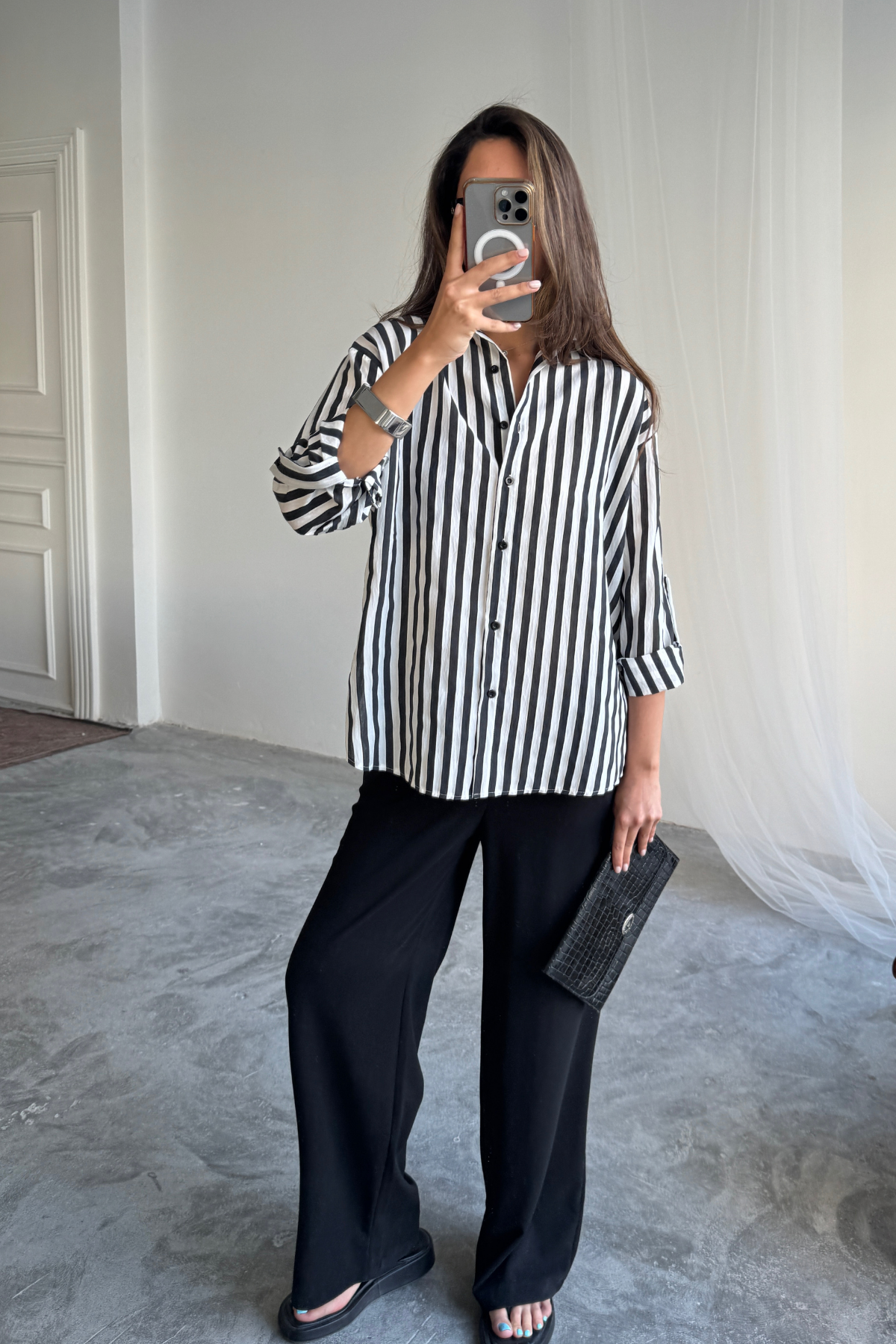 ÇİZGİLİ GÖMLEK  KETEN - Siyah