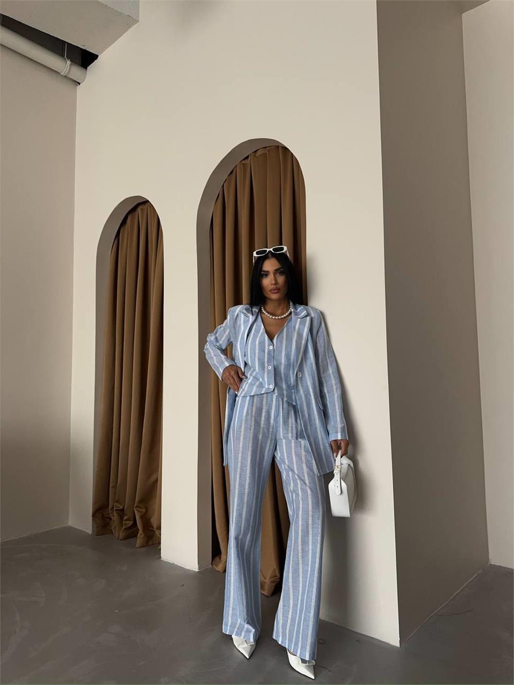 ÇİZGİLİ KETEN YELEK-PANTOLON TAKIM - Mavi