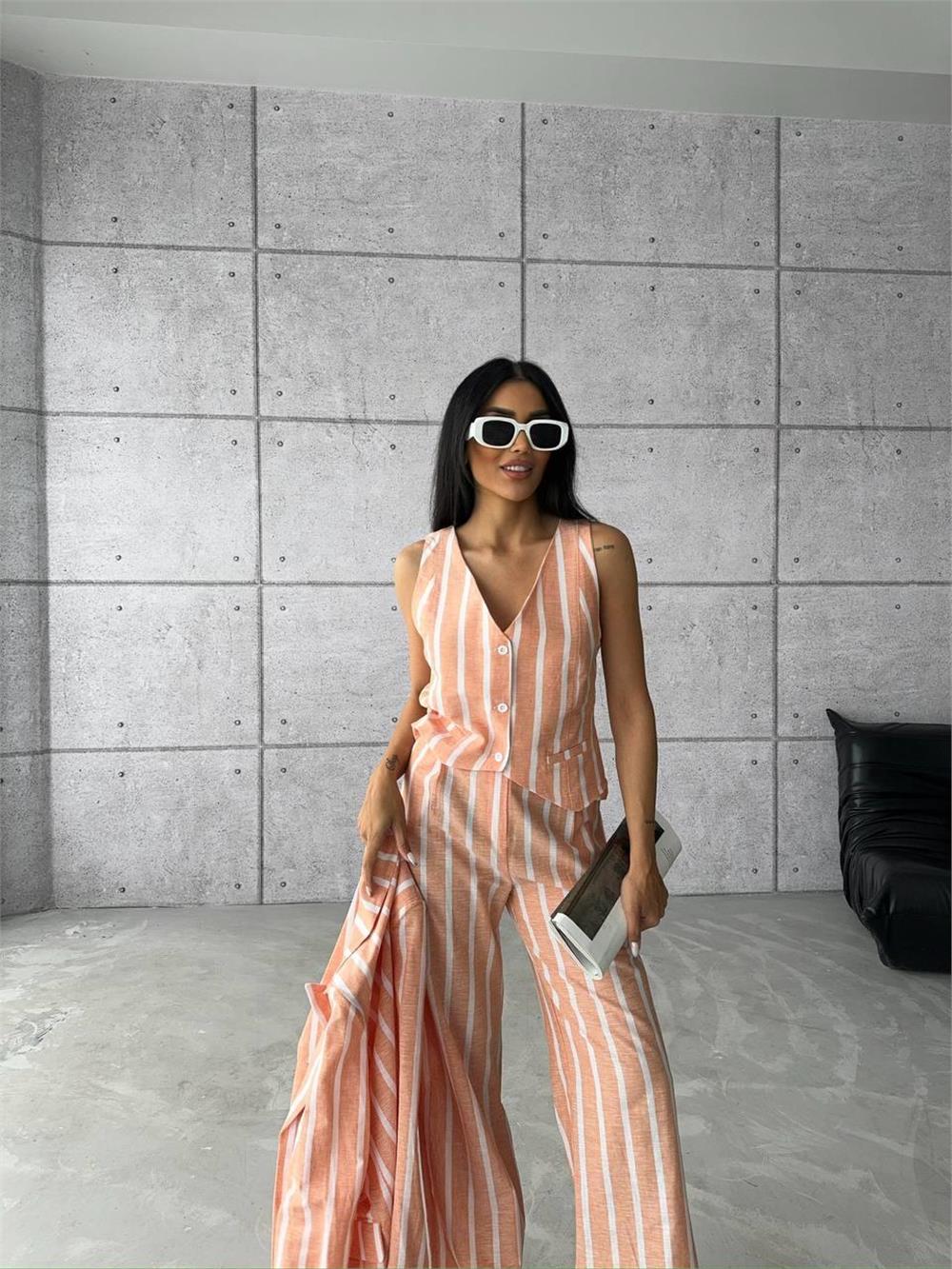 ÇİZGİLİ KETEN YELEK-PANTOLON TAKIM - Orange