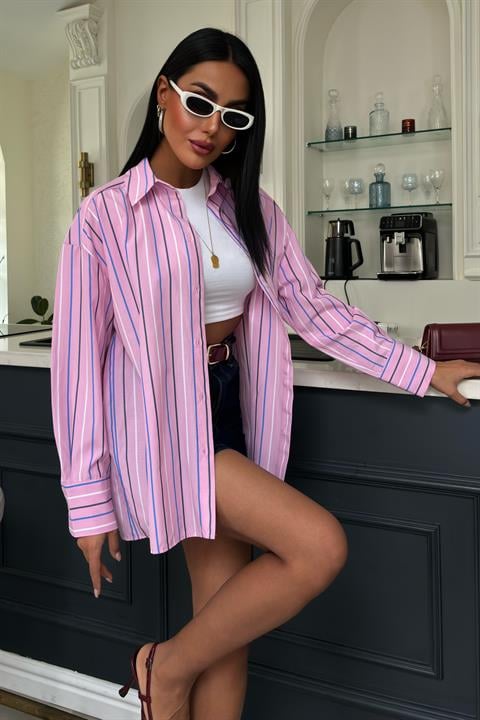 Çizgili Pembe Poplin Gömlek 3451