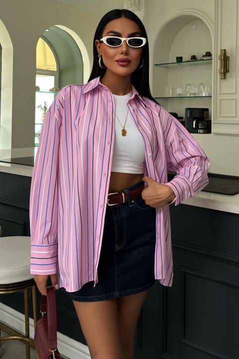 Çizgili Pembe Poplin Gömlek 3451 PEMBE L
