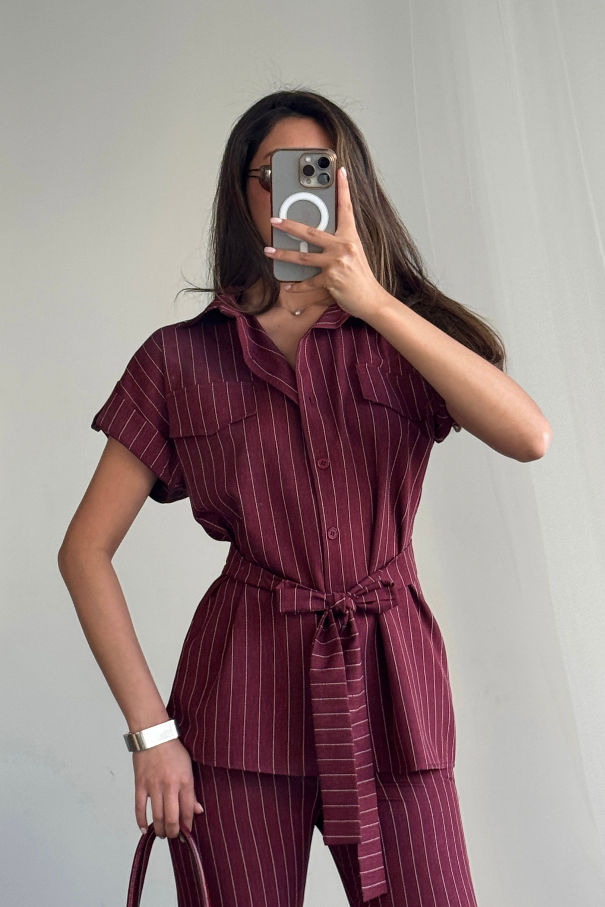 ÇİZGİLİ POLYVİSKON BLUZ - PANTOLON TAKIM - Bordo