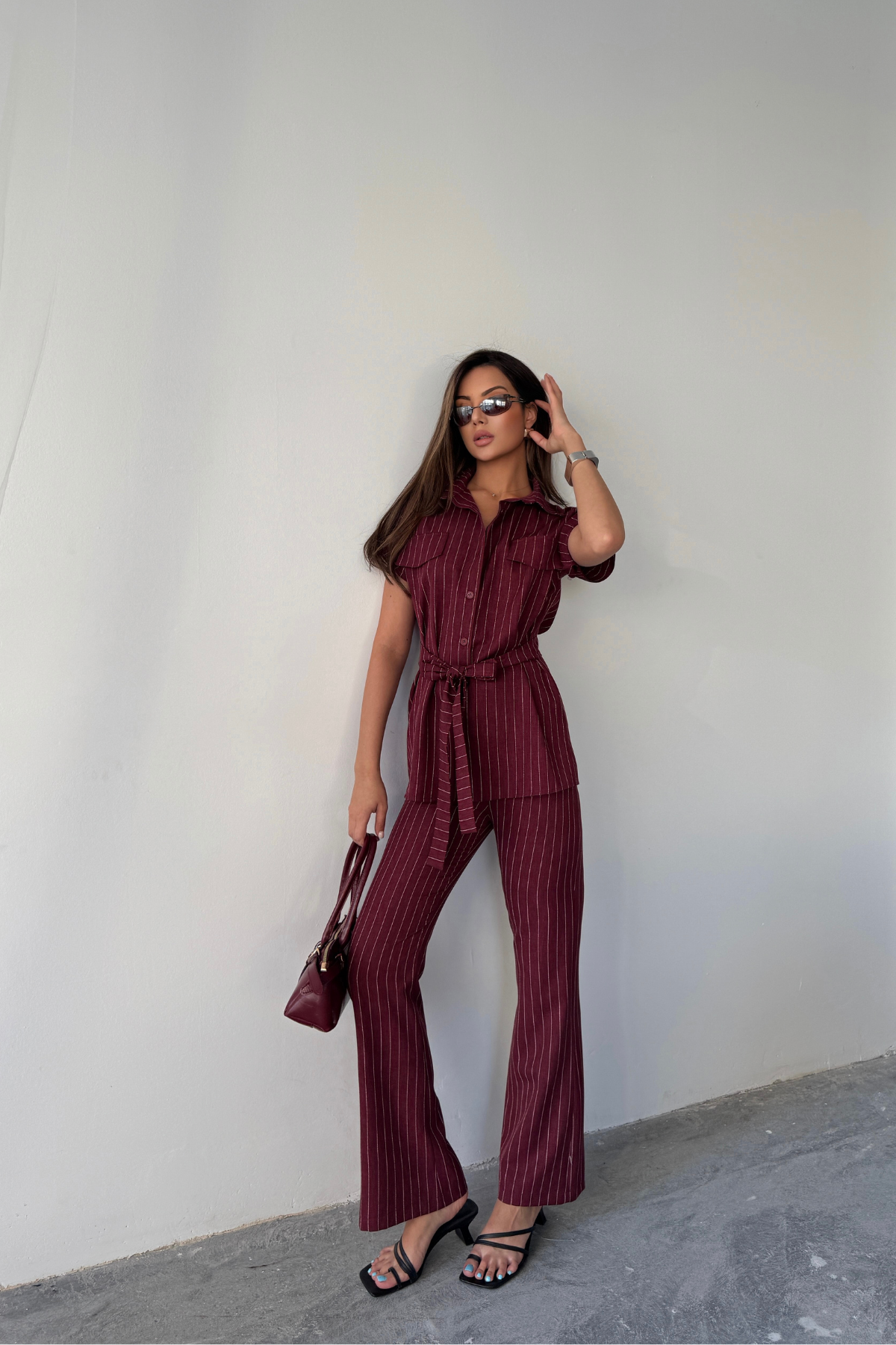 ÇİZGİLİ POLYVİSKON BLUZ - PANTOLON TAKIM - Bordo