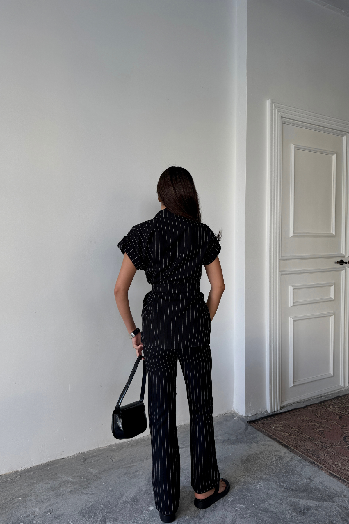 ÇİZGİLİ POLYVİSKON BLUZ - PANTOLON TAKIM - Siyah