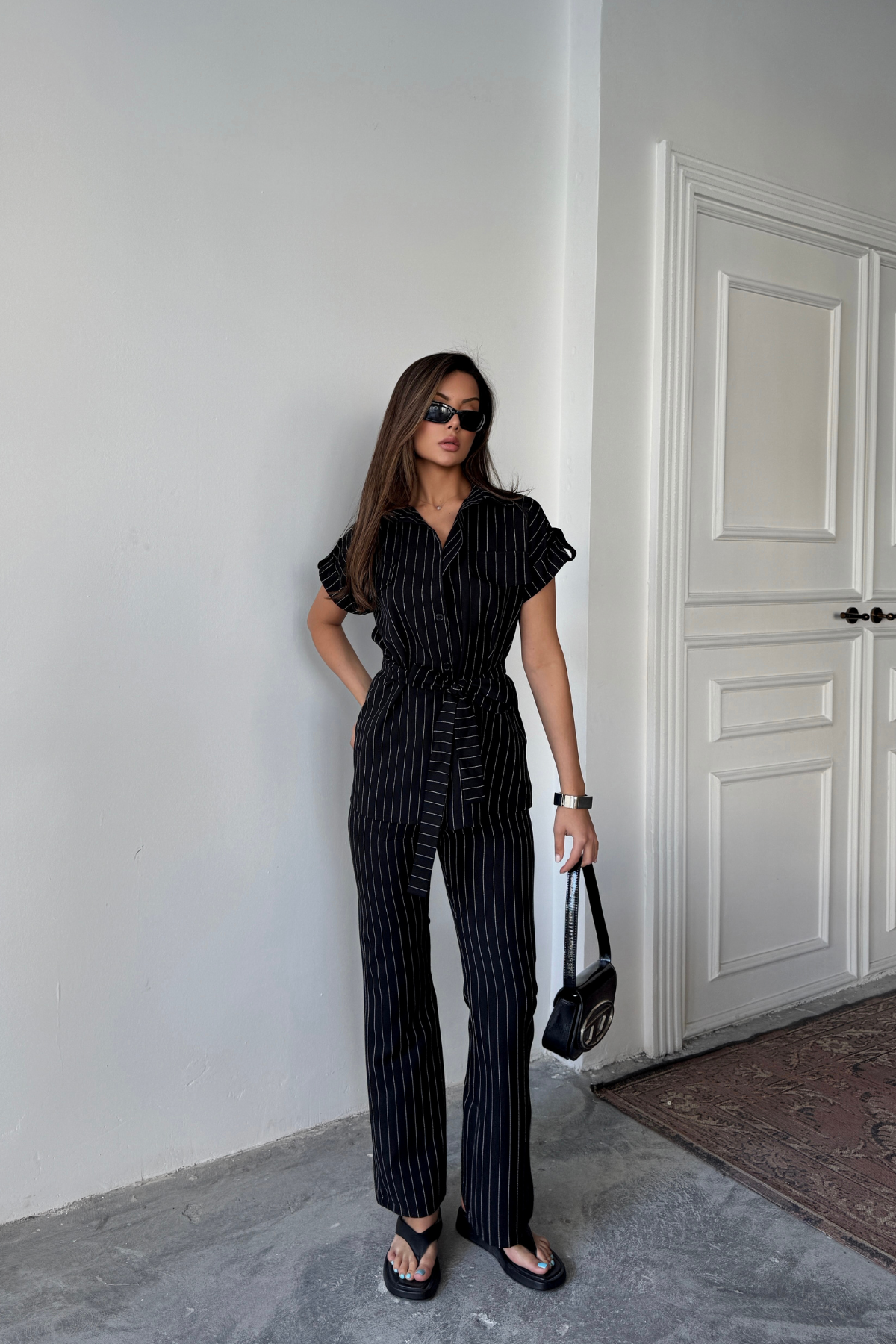 ÇİZGİLİ POLYVİSKON BLUZ - PANTOLON TAKIM - Siyah