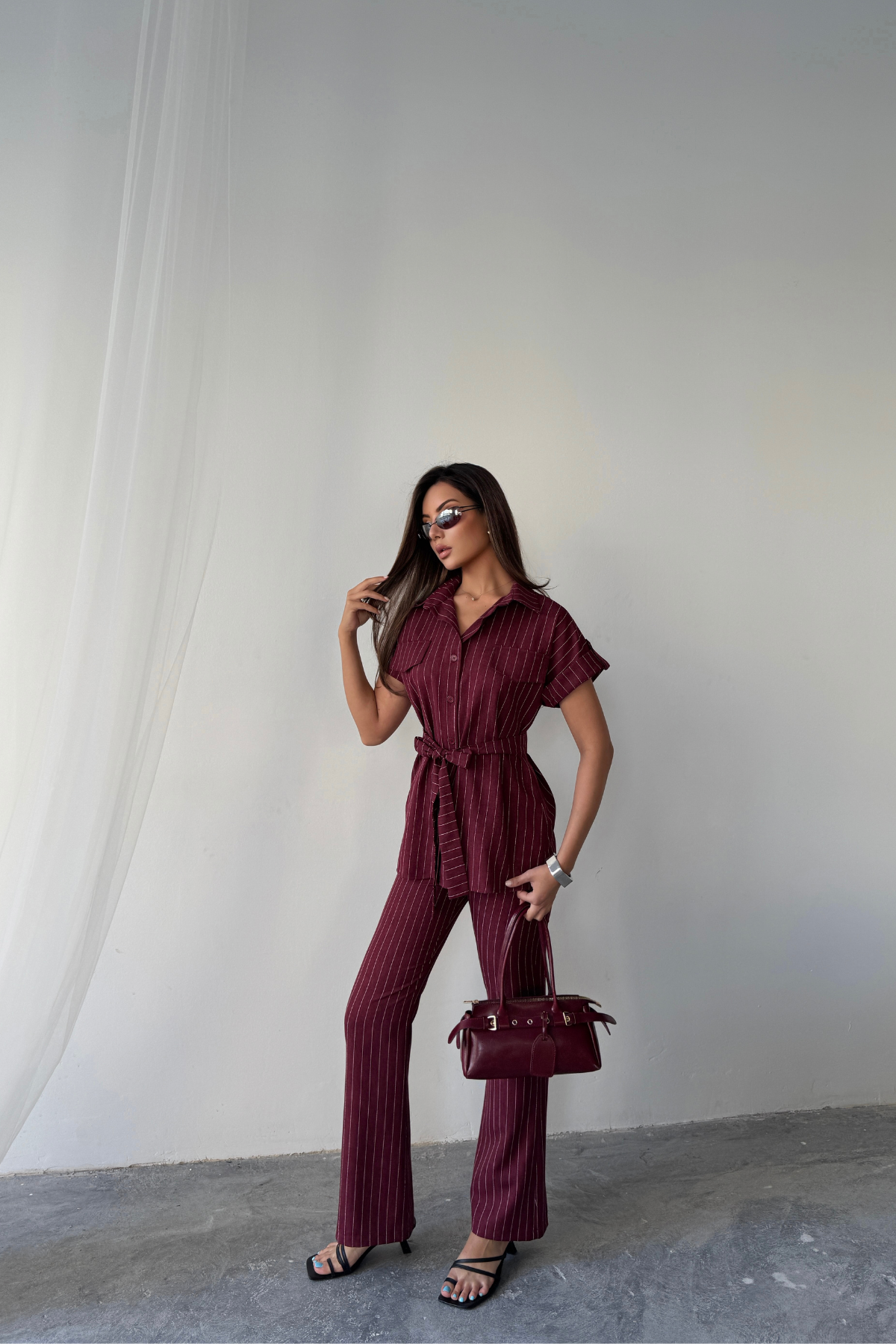 ÇİZGİLİ POLYVİSKON BLUZ - PANTOLON TAKIM - Bordo