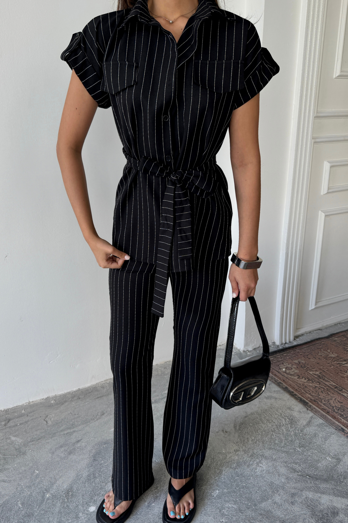 ÇİZGİLİ POLYVİSKON BLUZ - PANTOLON TAKIM - Siyah