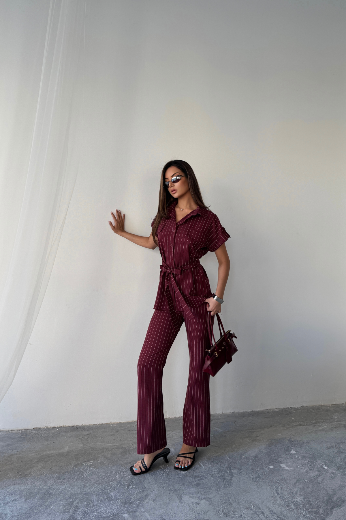 ÇİZGİLİ POLYVİSKON BLUZ - PANTOLON TAKIM - Bordo