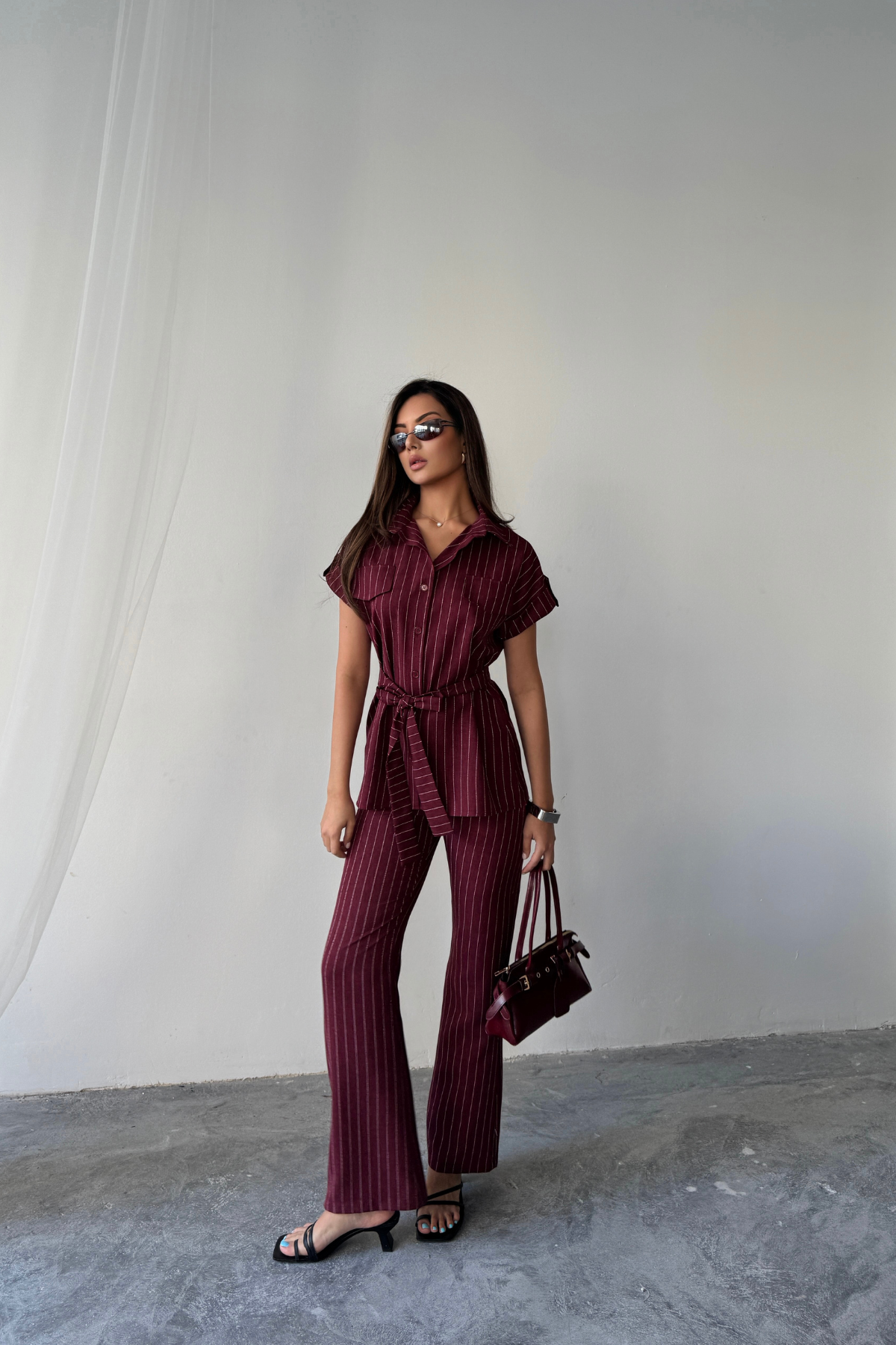 ÇİZGİLİ POLYVİSKON BLUZ - PANTOLON TAKIM - Bordo