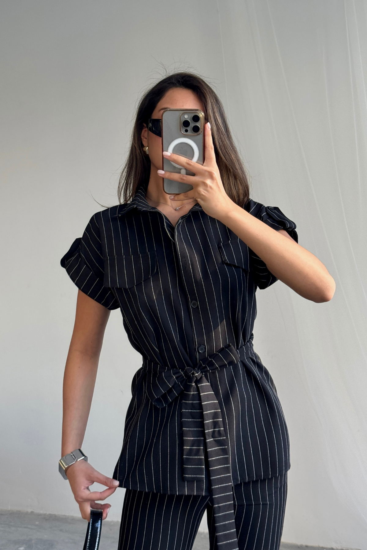 ÇİZGİLİ POLYVİSKON BLUZ - PANTOLON TAKIM - Siyah