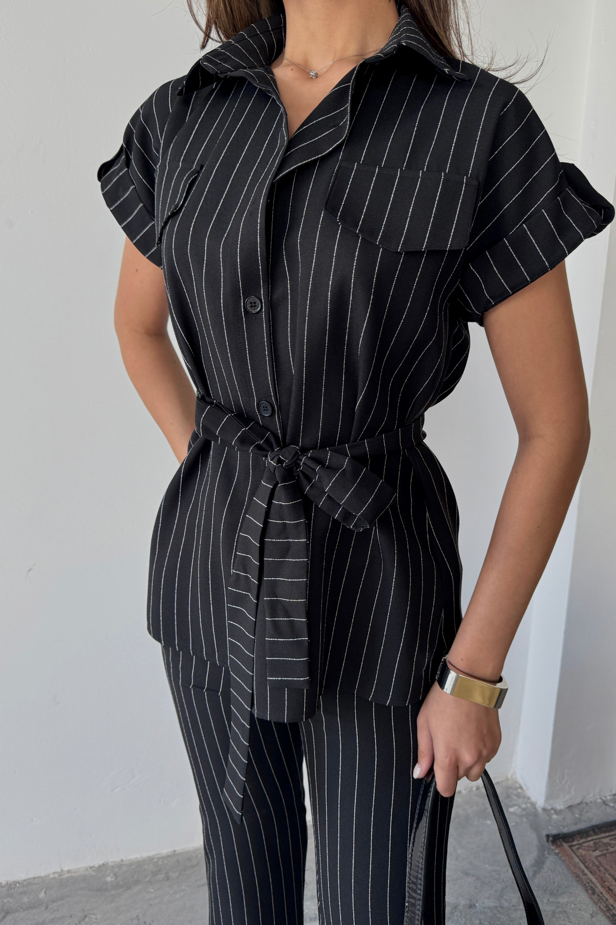 ÇİZGİLİ POLYVİSKON BLUZ - PANTOLON TAKIM - Siyah