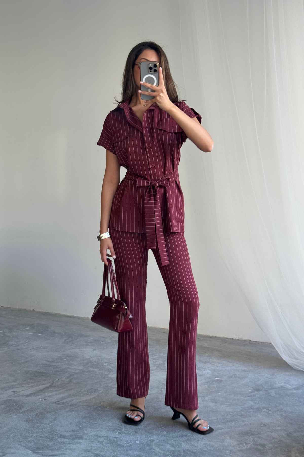 ÇİZGİLİ POLYVİSKON BLUZ - PANTOLON TAKIM - Bordo