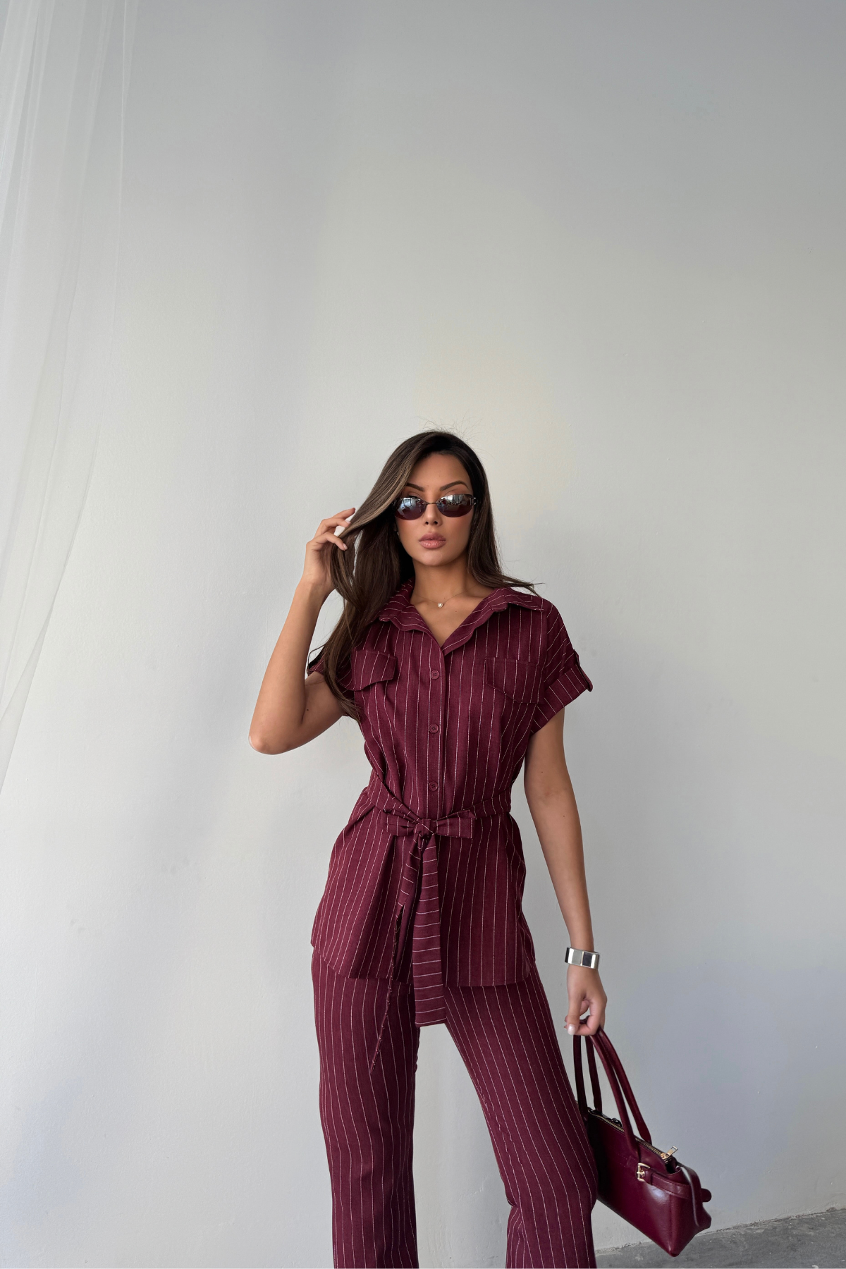 ÇİZGİLİ POLYVİSKON BLUZ - PANTOLON TAKIM - Bordo