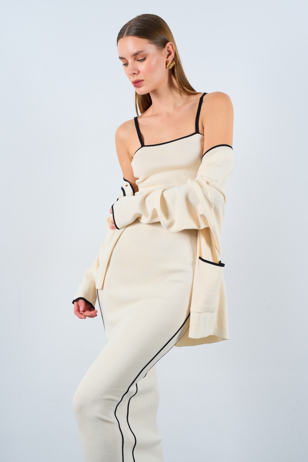 Cream-Black Striped Muslin 3-Piece Set