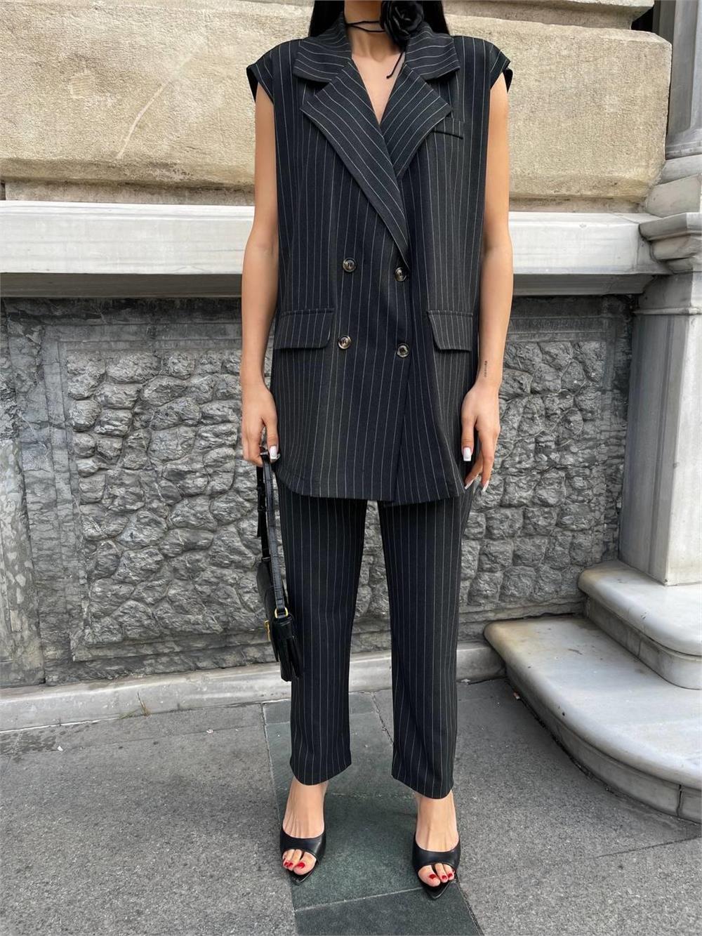 ÇİZGİLİ UZUN YELEK - PANTOLON TAKIM POLVİSCON - Antrasit