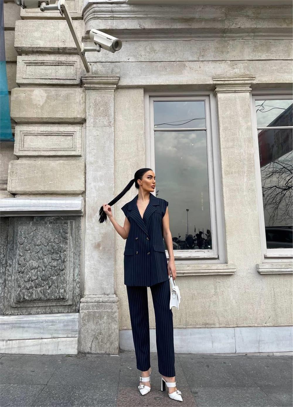 ÇİZGİLİ UZUN YELEK - PANTOLON TAKIM POLVİSCON - Lacivert