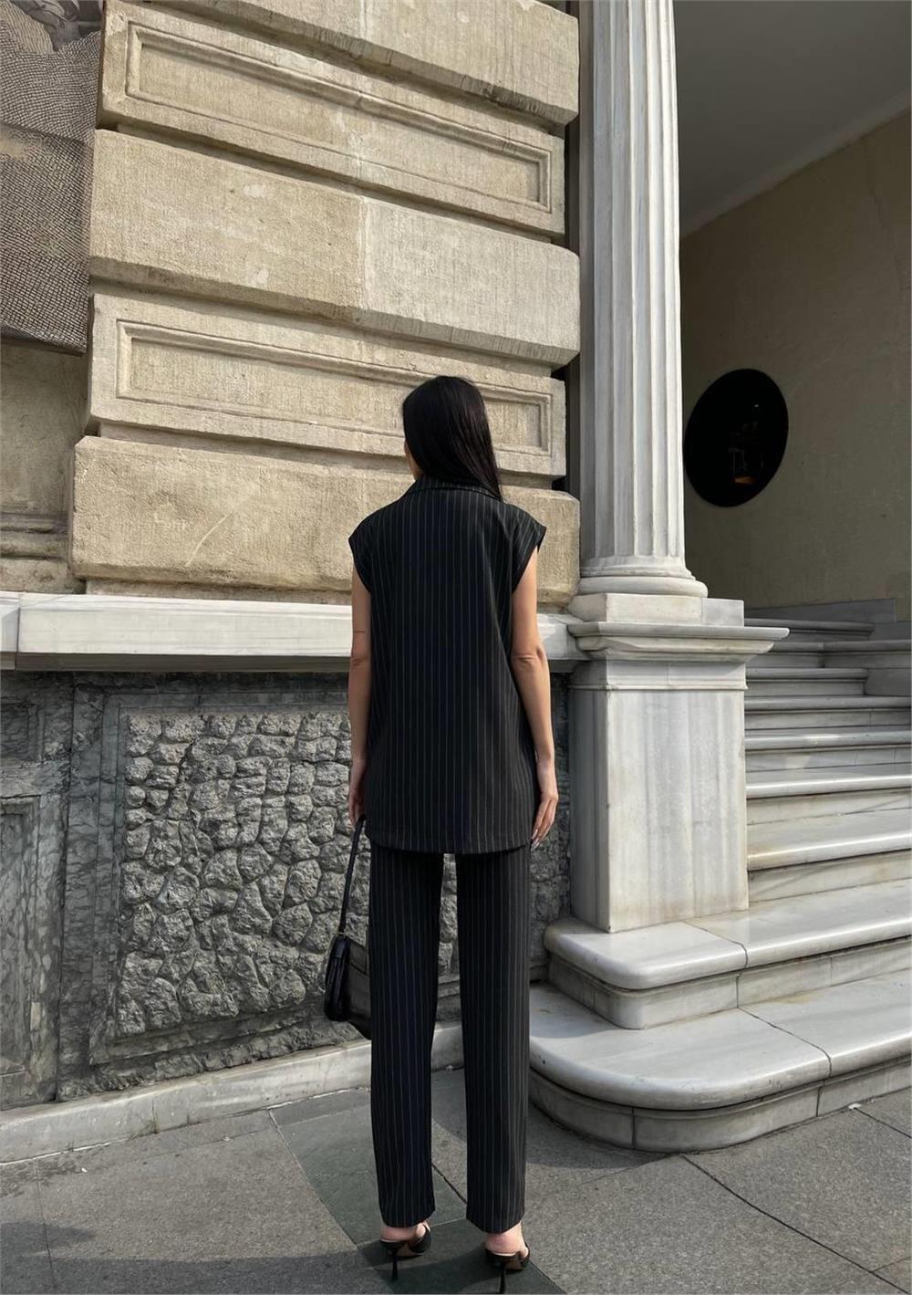 ÇİZGİLİ UZUN YELEK - PANTOLON TAKIM POLVİSCON - Antrasit