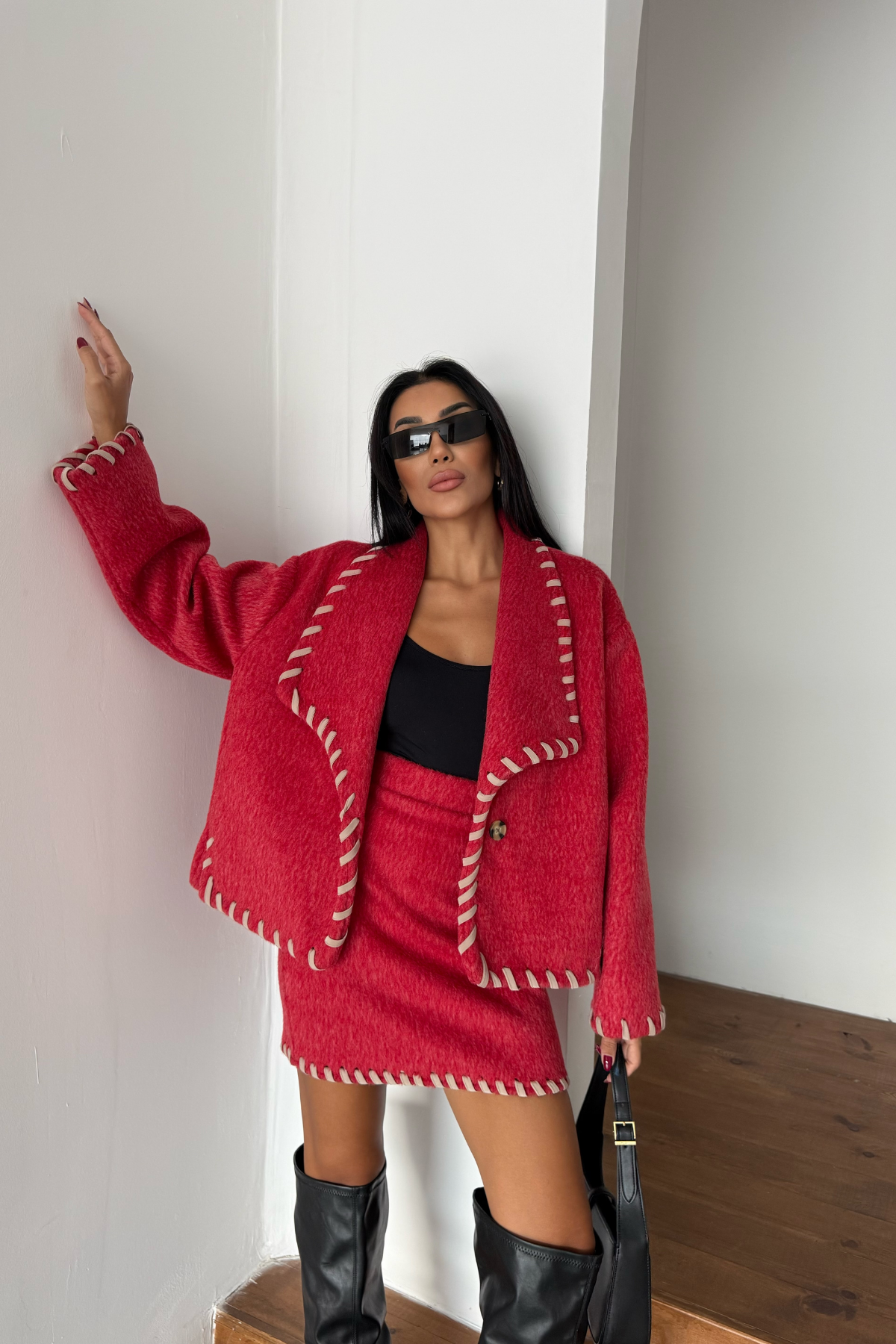 ÇOBAN DİKİŞLİ YÜN CROP CEKET - KISA ETEK TAKIM - Kırmızı