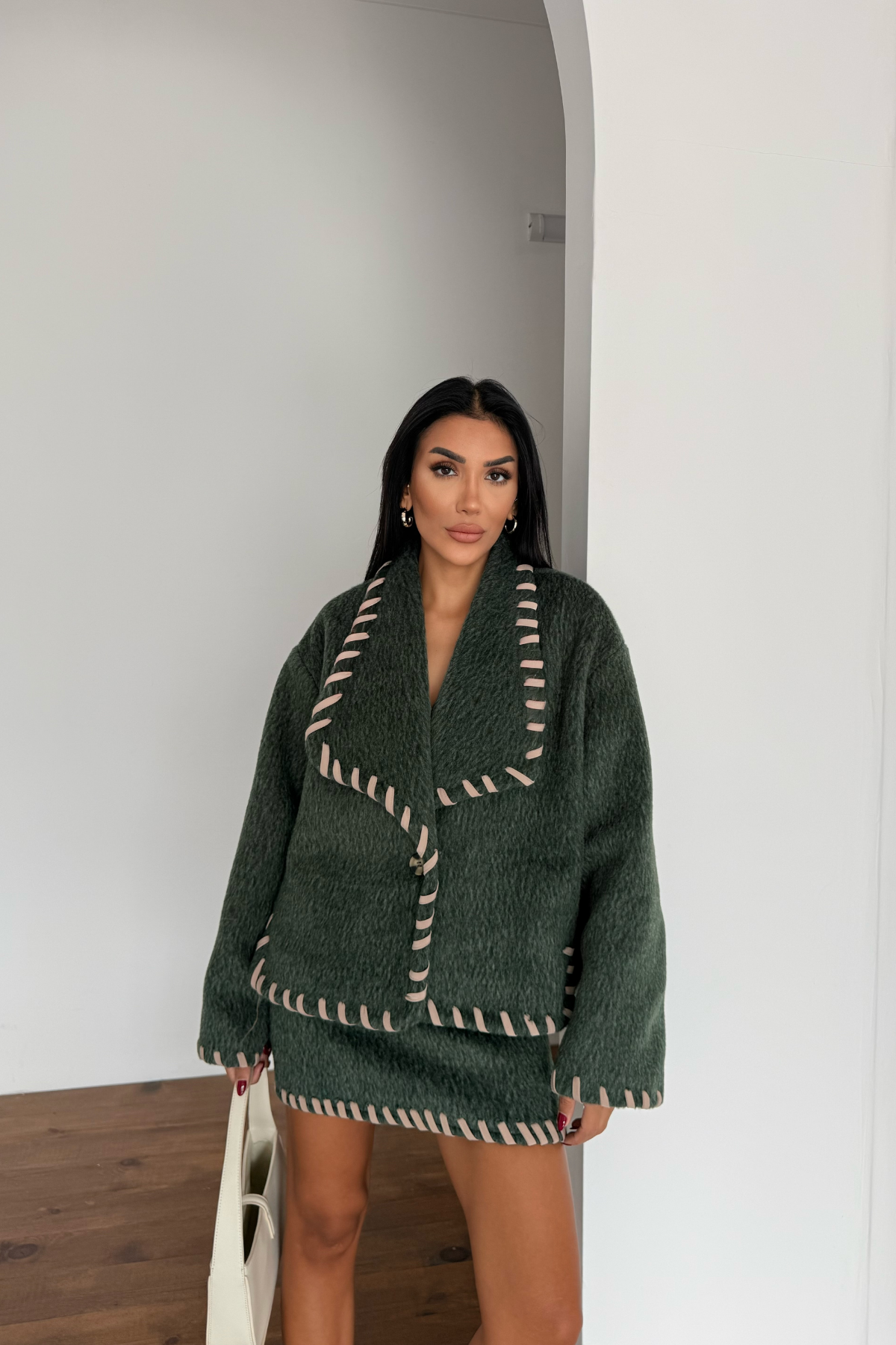 ÇOBAN DİKİŞLİ YÜN CROP CEKET - KISA ETEK TAKIM - Yeşil