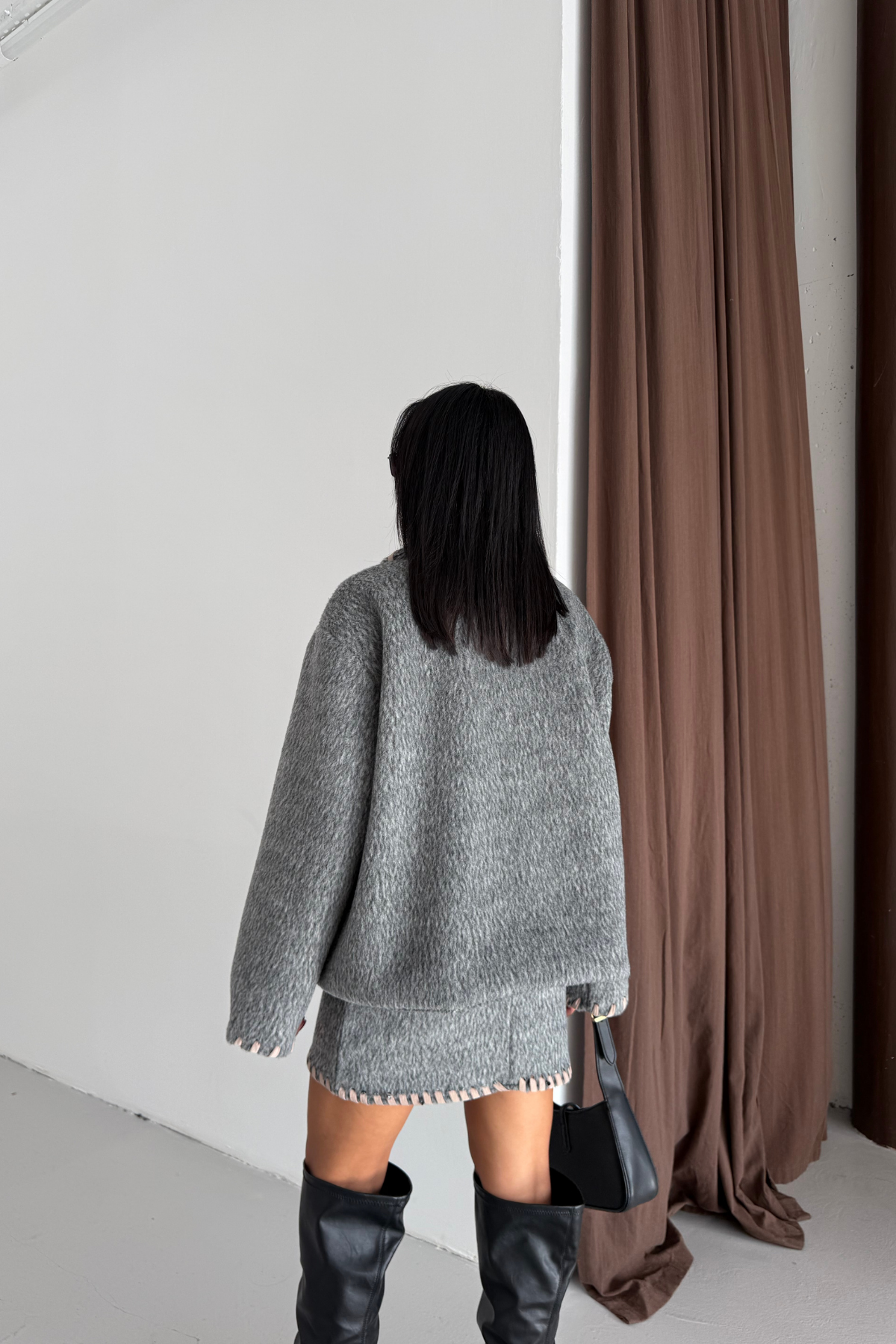 ÇOBAN DİKİŞLİ YÜN CROP CEKET - KISA ETEK TAKIM - Gri