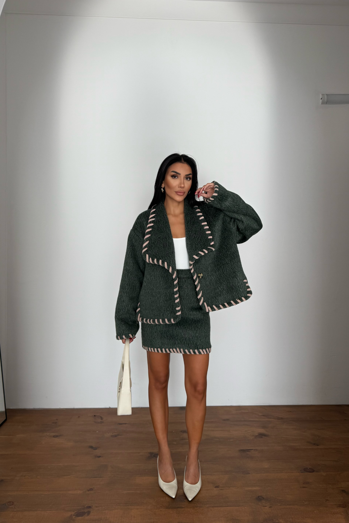 ÇOBAN DİKİŞLİ YÜN CROP CEKET - KISA ETEK TAKIM - Yeşil