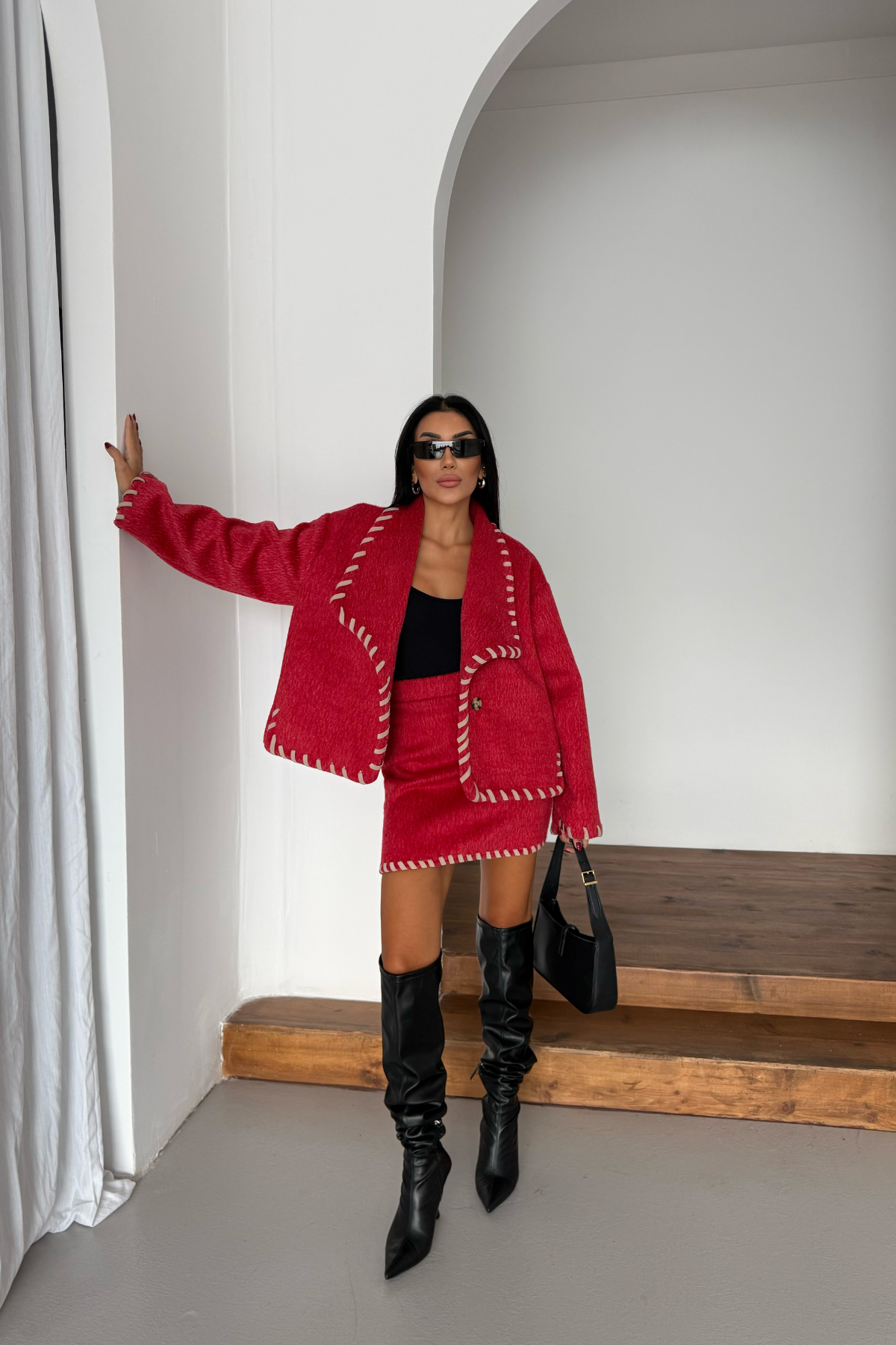 ÇOBAN DİKİŞLİ YÜN CROP CEKET - KISA ETEK TAKIM - Kırmızı