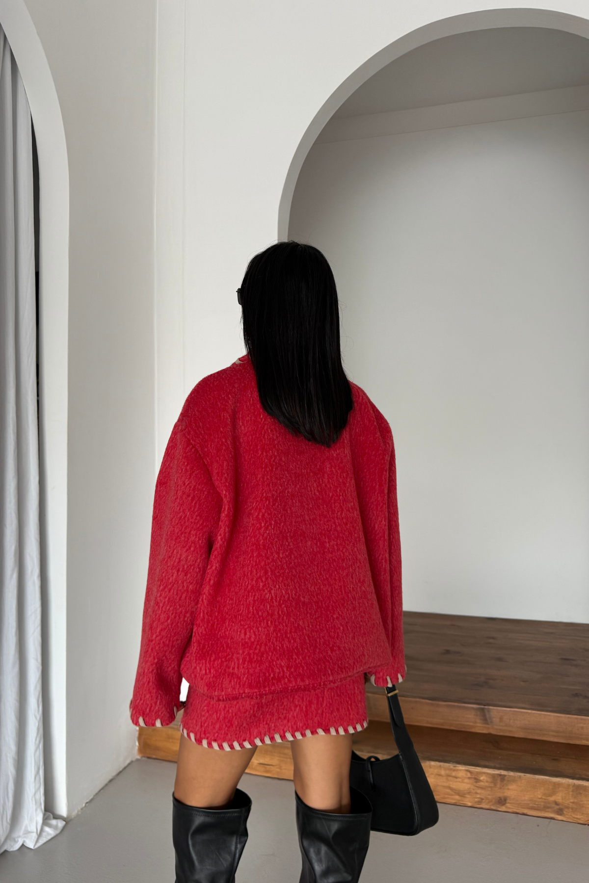 ÇOBAN DİKİŞLİ YÜN CROP CEKET - KISA ETEK TAKIM - Kırmızı