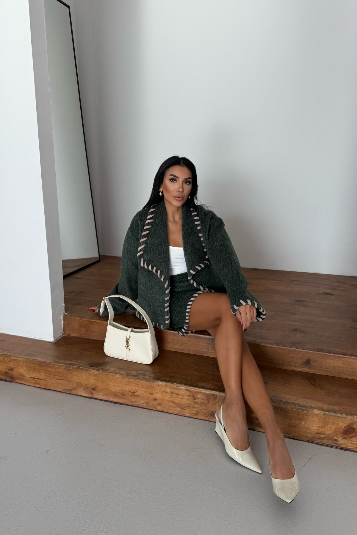 ÇOBAN DİKİŞLİ YÜN CROP CEKET - KISA ETEK TAKIM - Yeşil