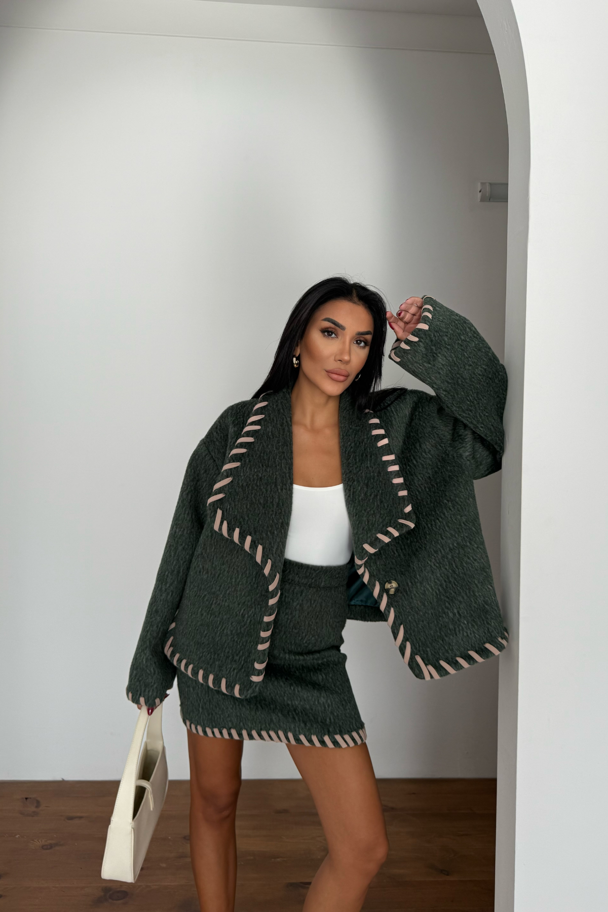 ÇOBAN DİKİŞLİ YÜN CROP CEKET - KISA ETEK TAKIM - Yeşil