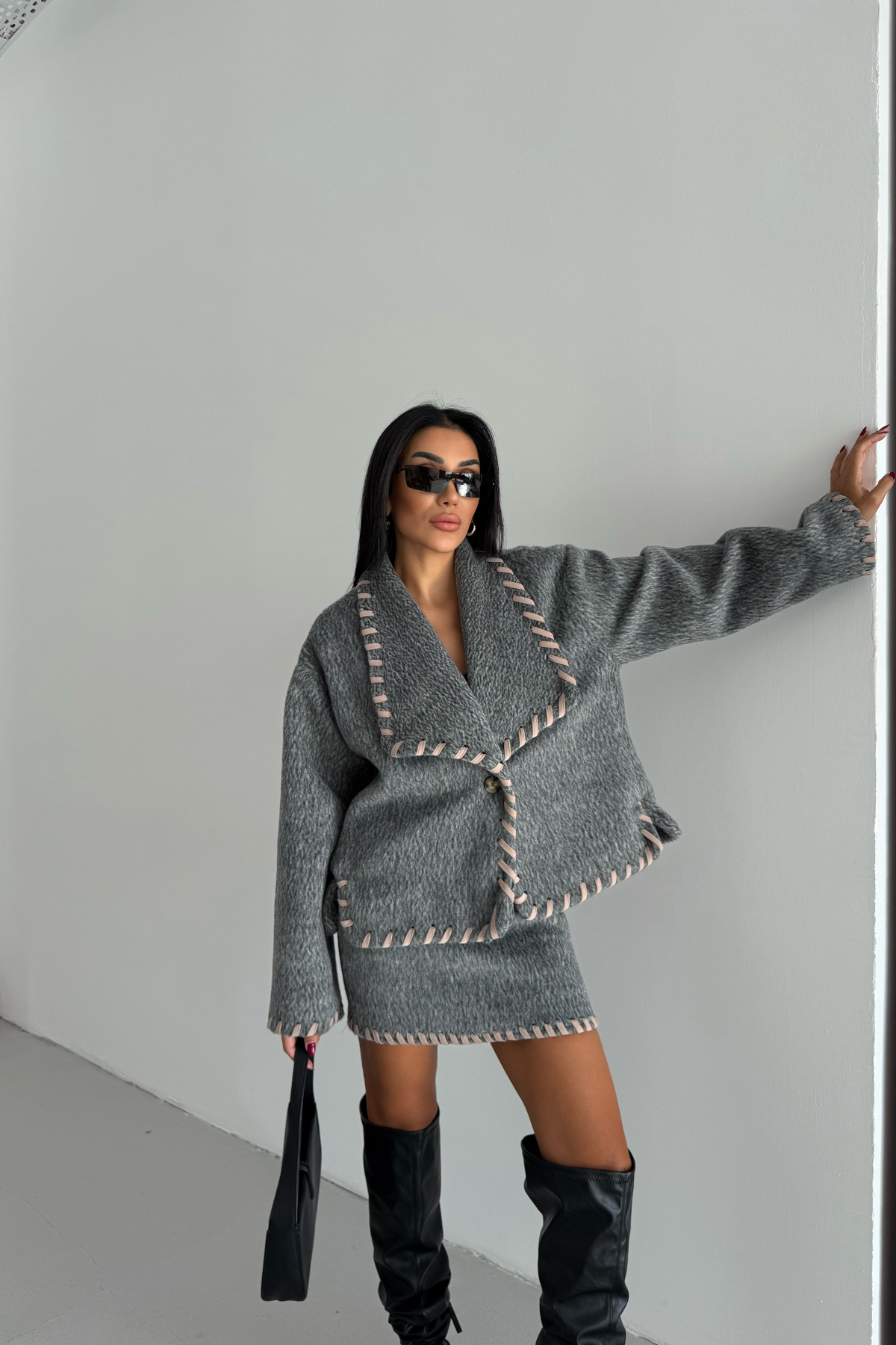 ÇOBAN DİKİŞLİ YÜN CROP CEKET - KISA ETEK TAKIM - Gri