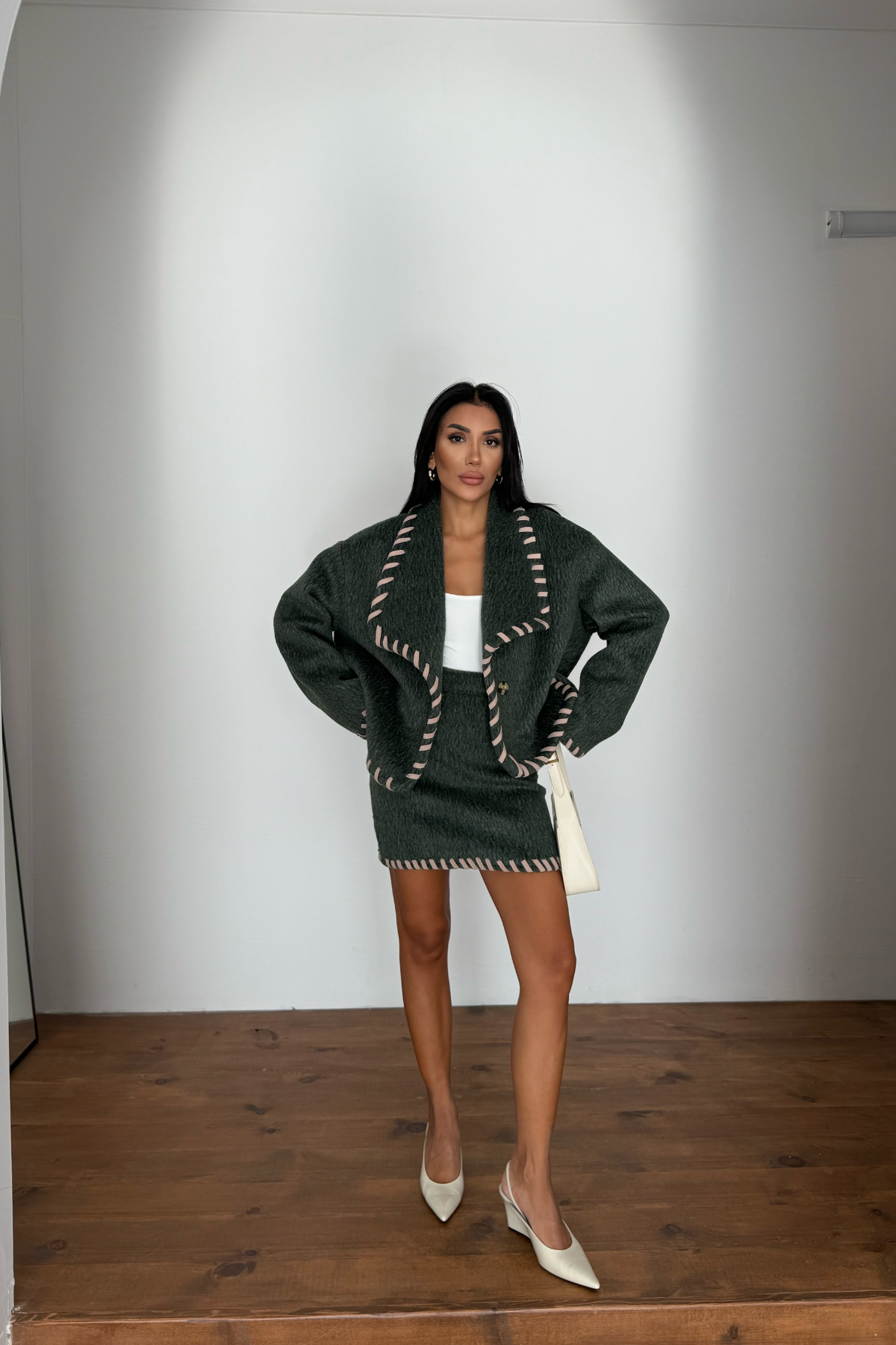 ÇOBAN DİKİŞLİ YÜN CROP CEKET - KISA ETEK TAKIM - Yeşil