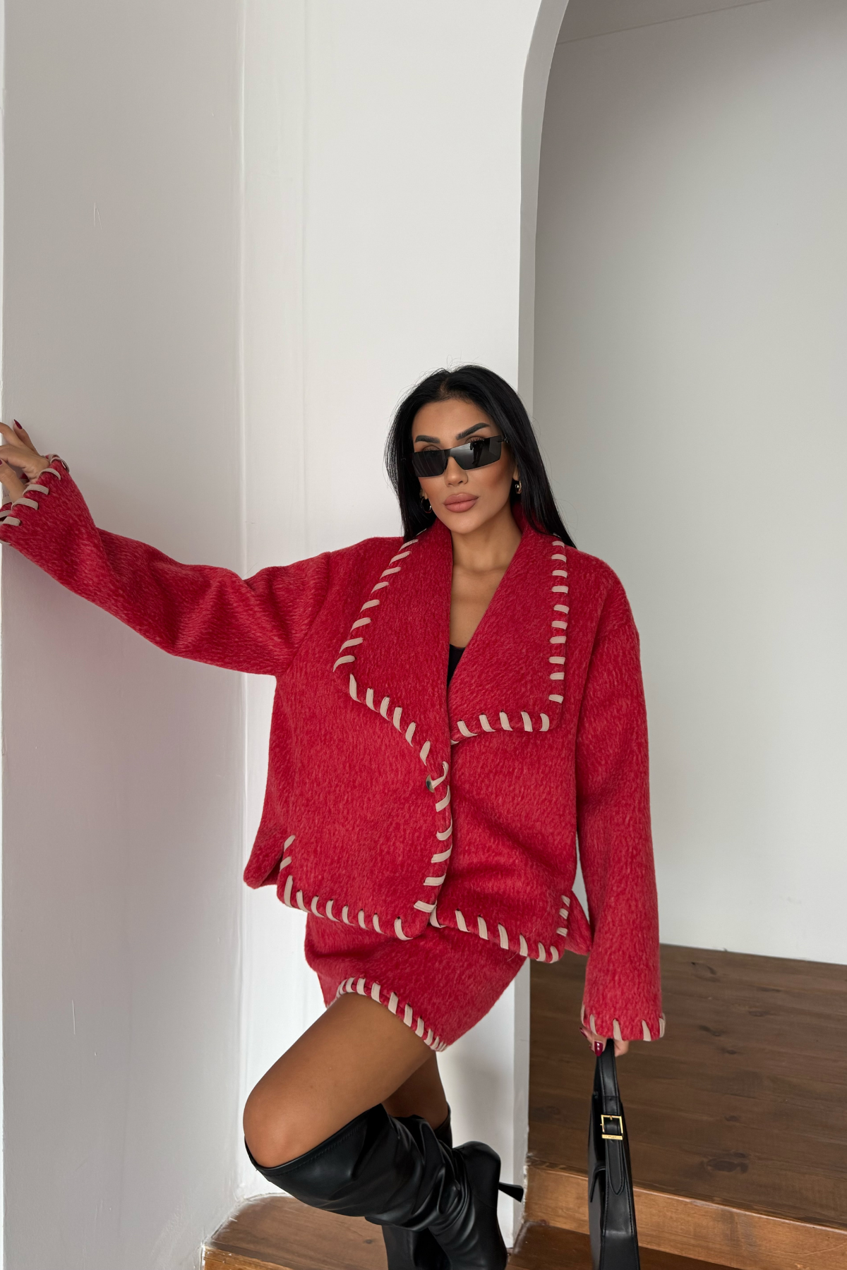 ÇOBAN DİKİŞLİ YÜN CROP CEKET - KISA ETEK TAKIM - Kırmızı