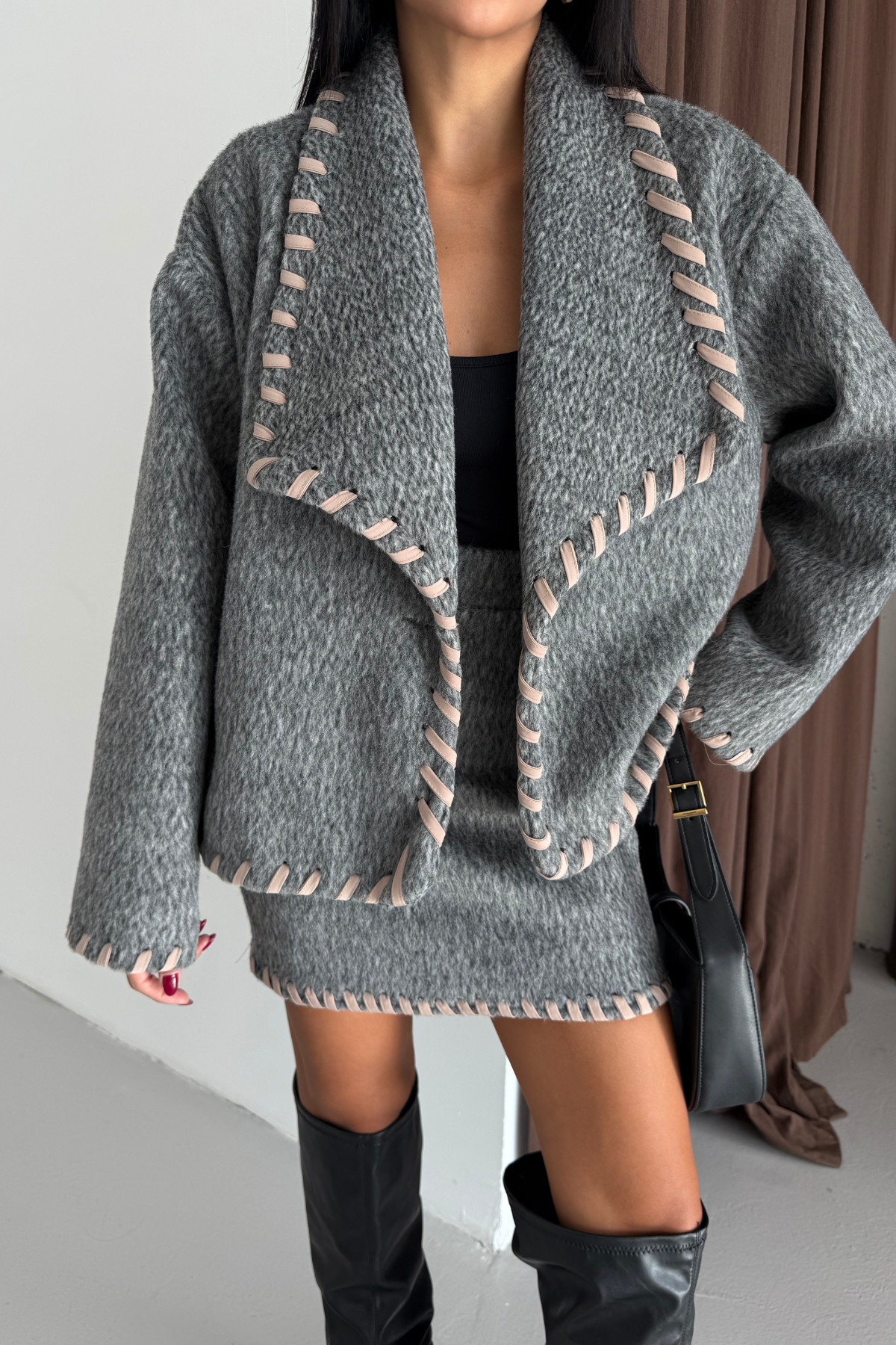 ÇOBAN DİKİŞLİ YÜN CROP CEKET - KISA ETEK TAKIM - Gri