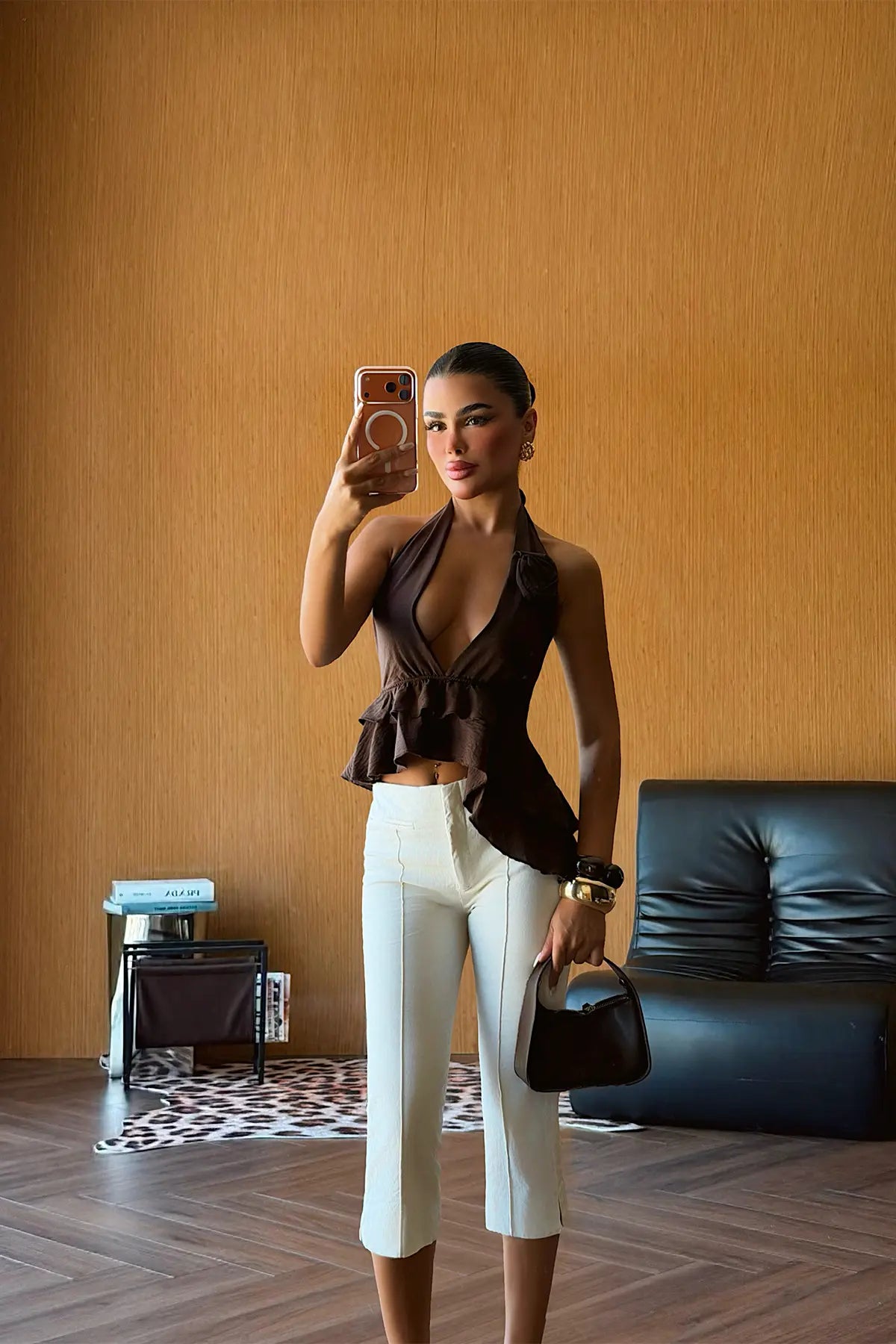 Kahve Gül Detay Bağlamalı Crop