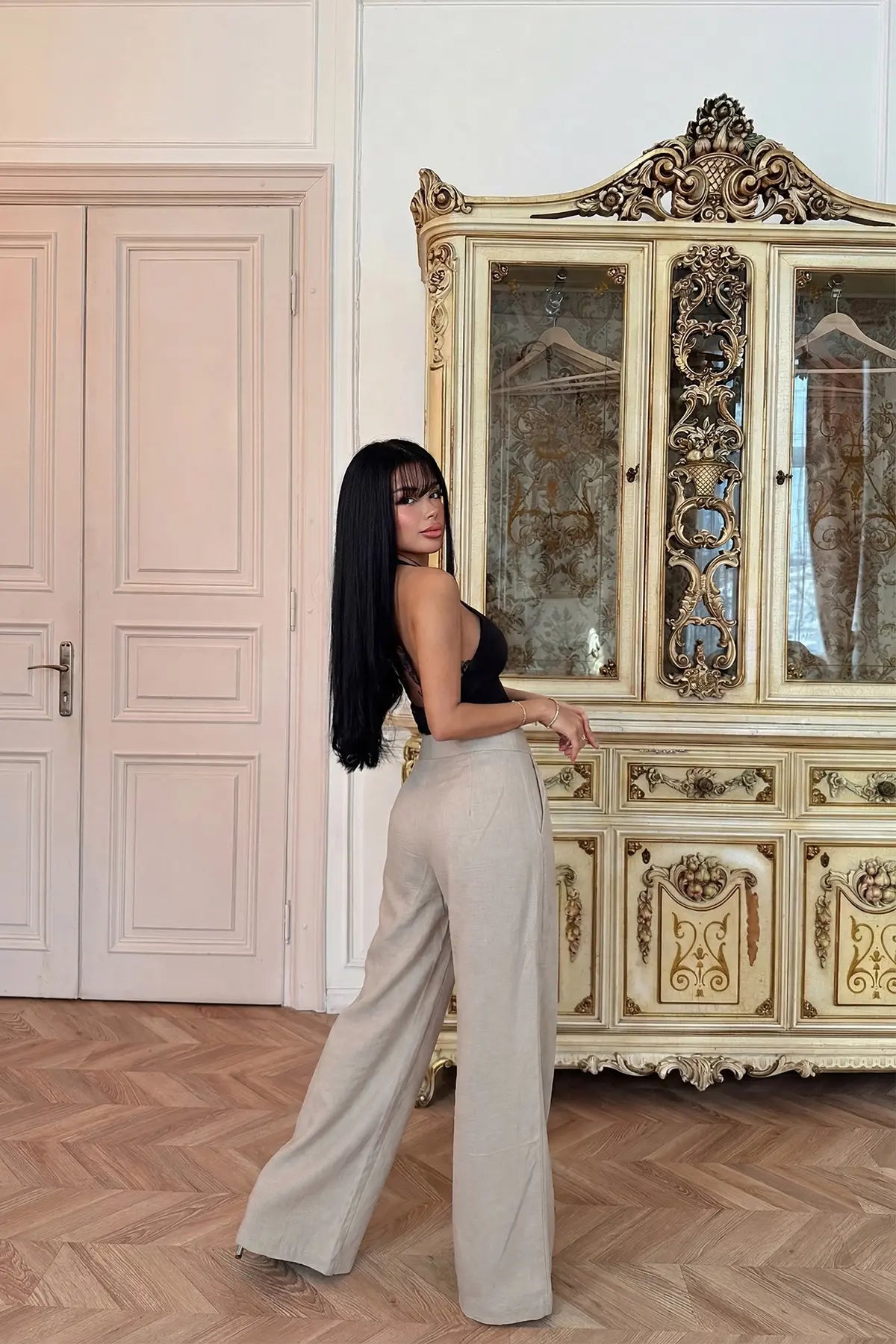 Krem Yüksek Bel Palazzo Pantolon