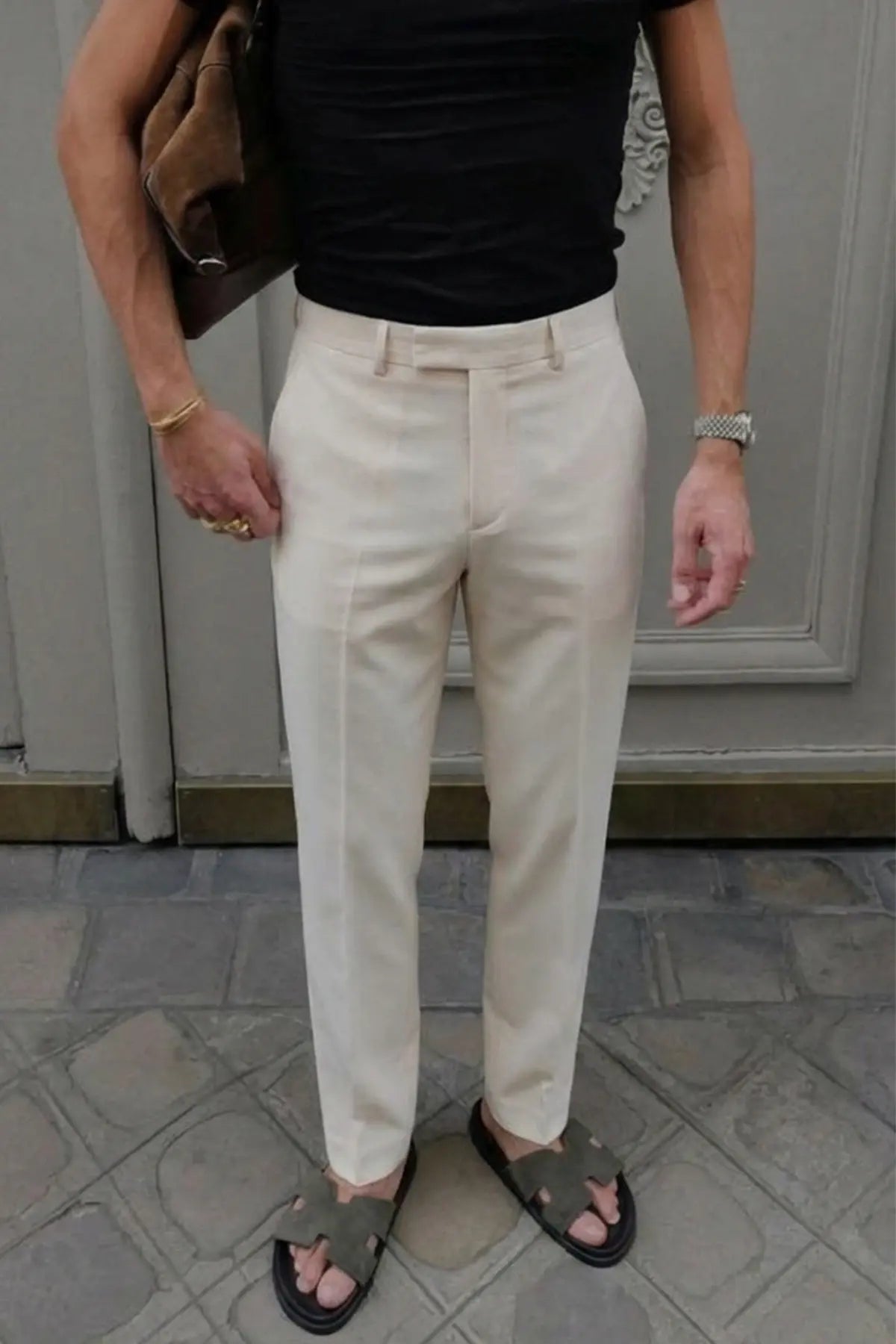 Cream Palazzo High-Waist Trousers