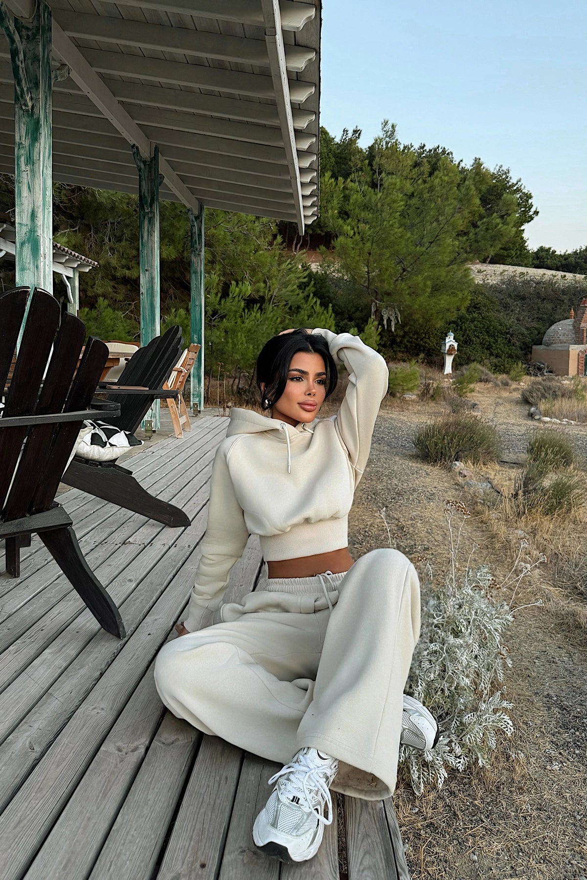 Krem Scarf Kapşonlu Eşofman Takım
