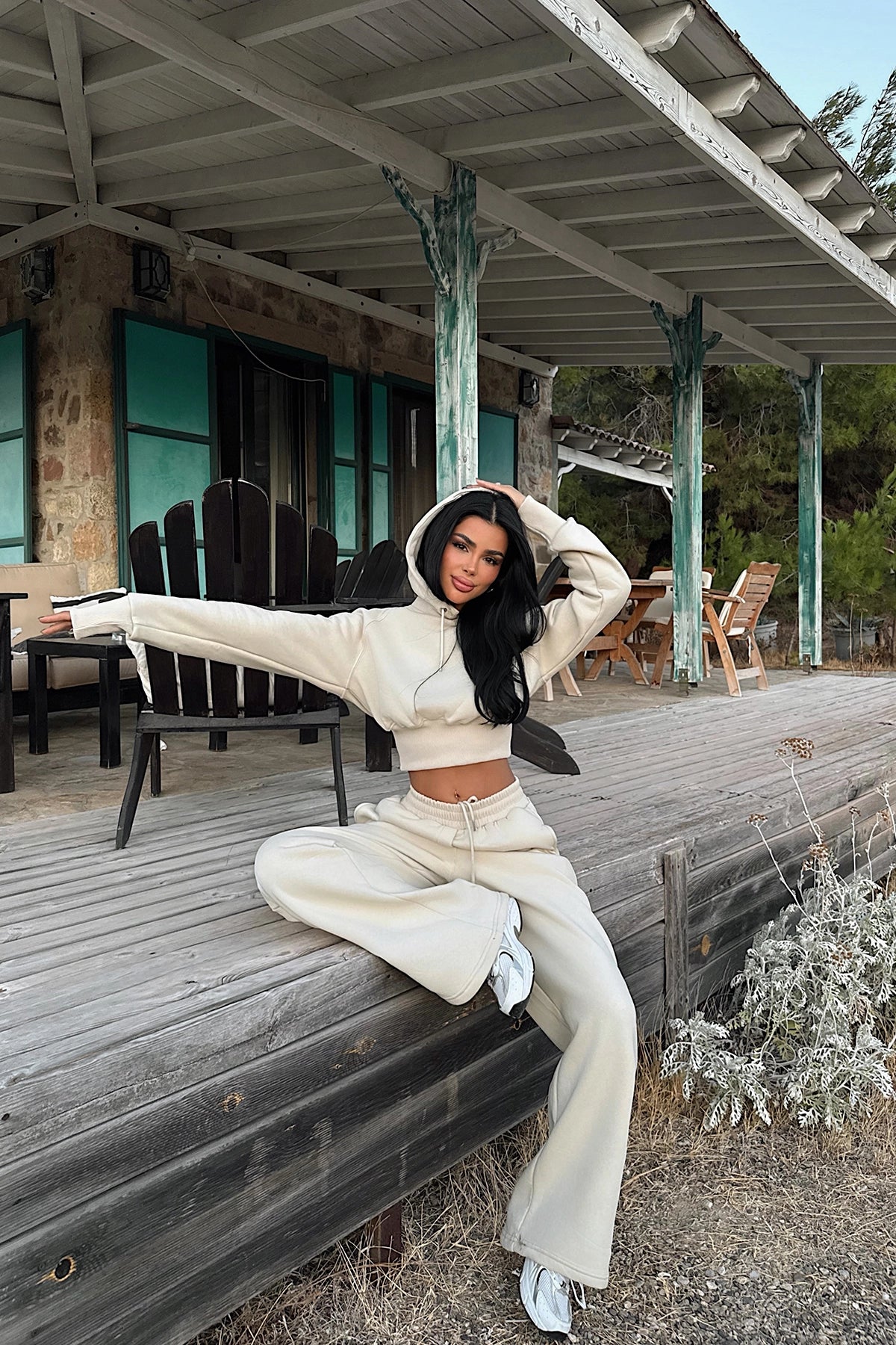 Krem Scarf Kapşonlu Eşofman Takım