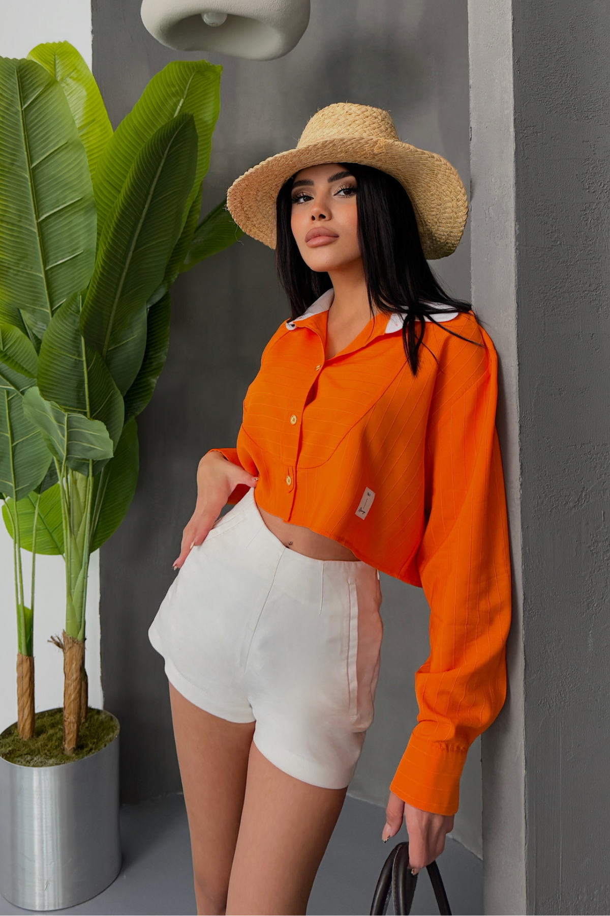 CROP GÖMLEK BEYAZ YAKA VE ETİKET DETAYLI - Orange