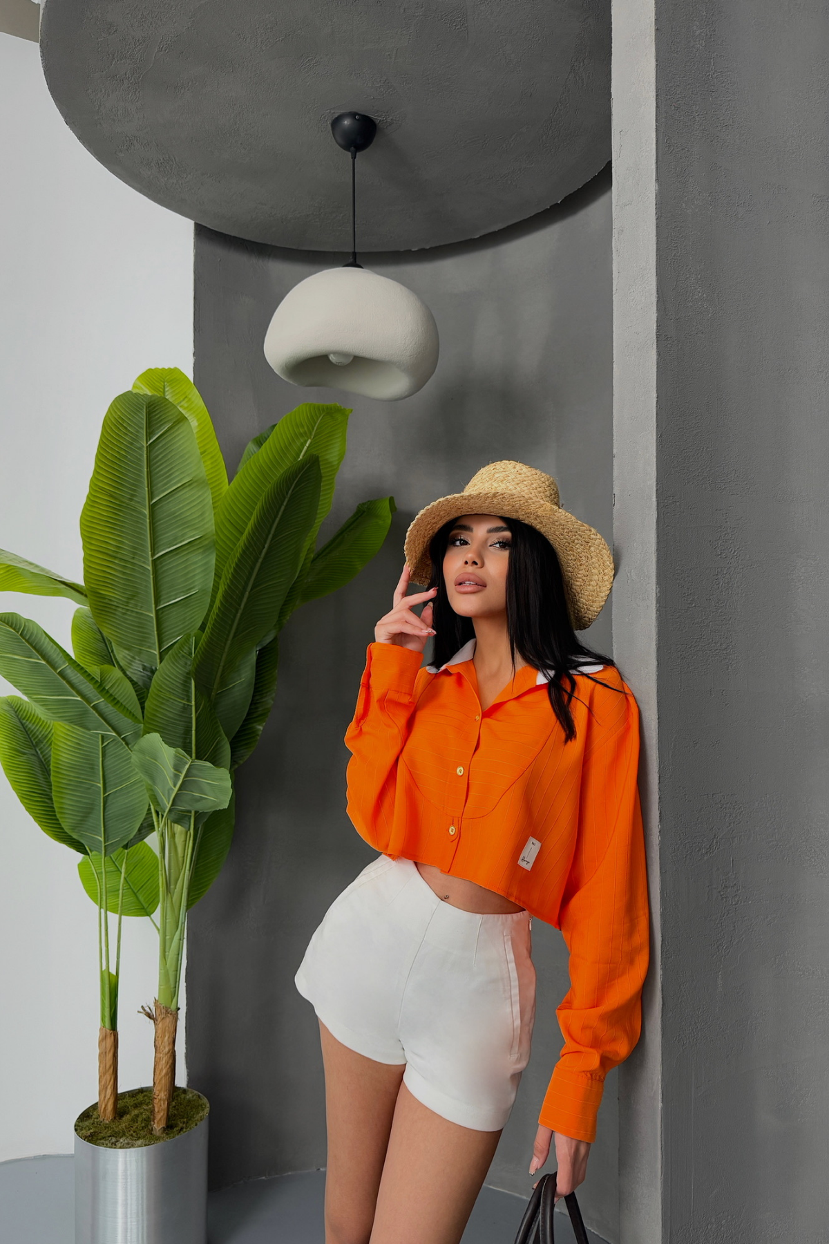 CROP GÖMLEK BEYAZ YAKA VE ETİKET DETAYLI - Orange