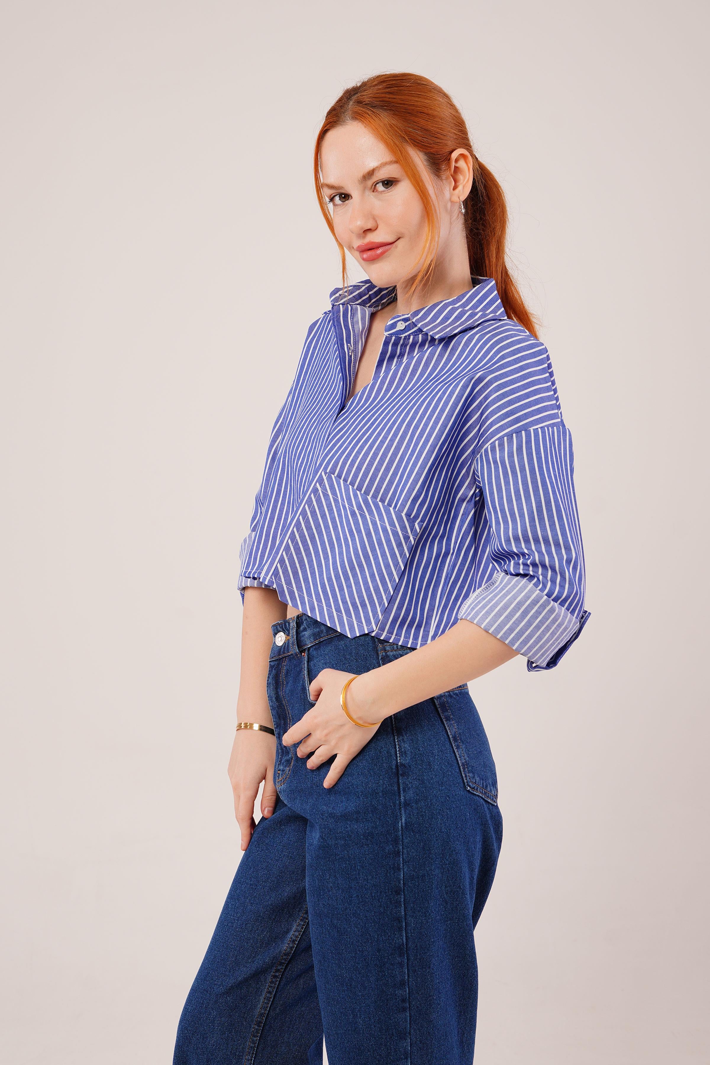 Crop Model Cepli Ve Çizgili Mavi Toptan Gömlek