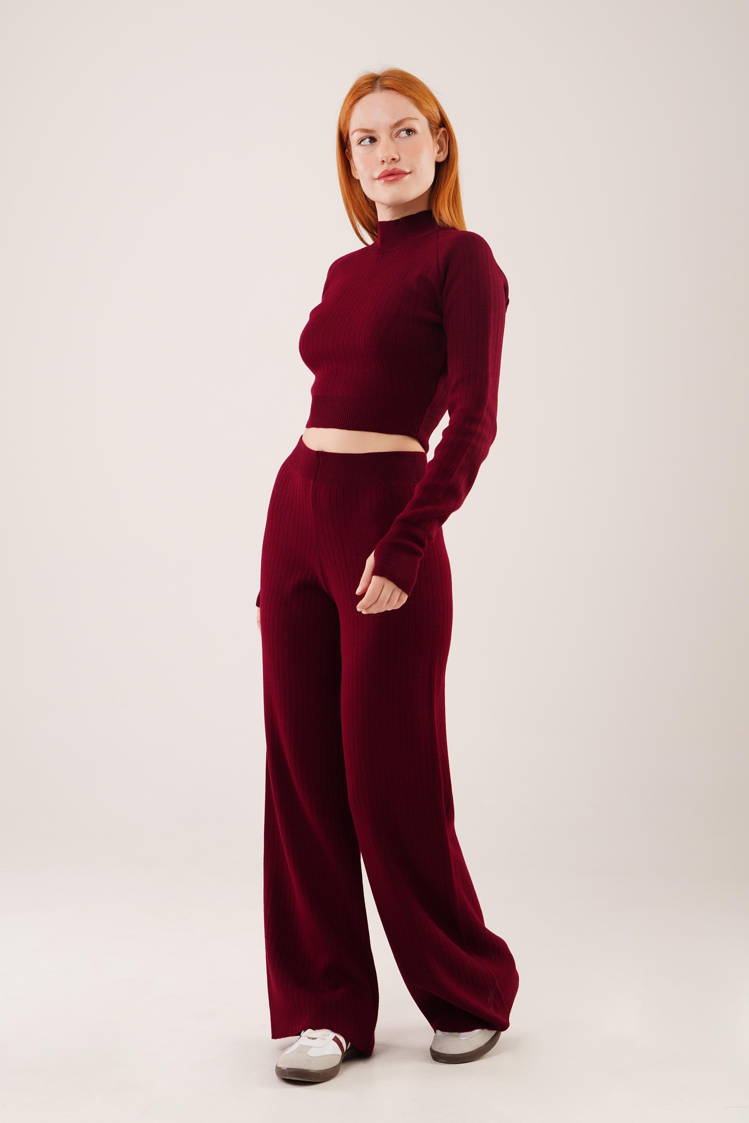 Crop Pantolon Düz Kesim Toptan Bordo Takım