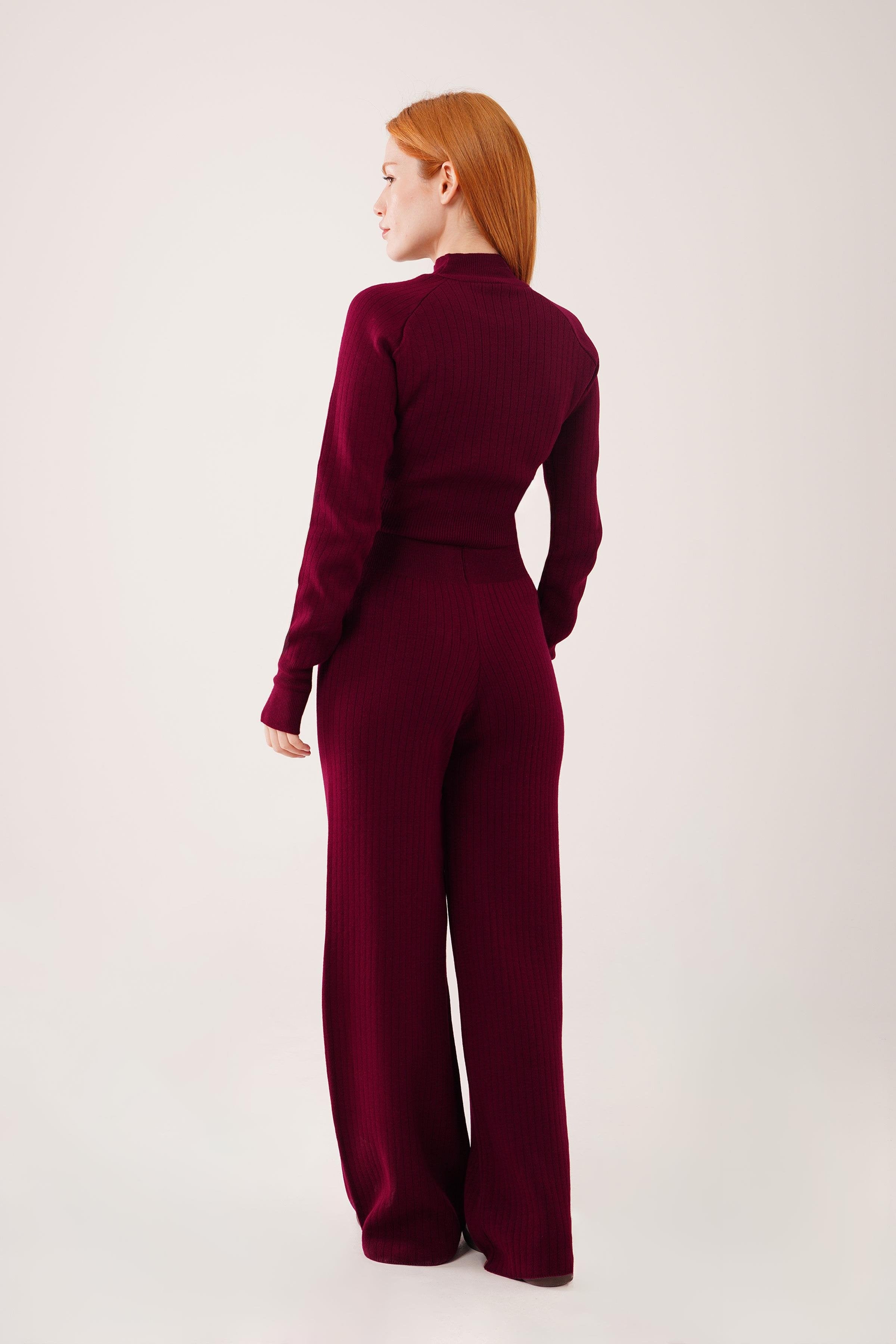 Crop Pantolon Düz Kesim Toptan Bordo Takım