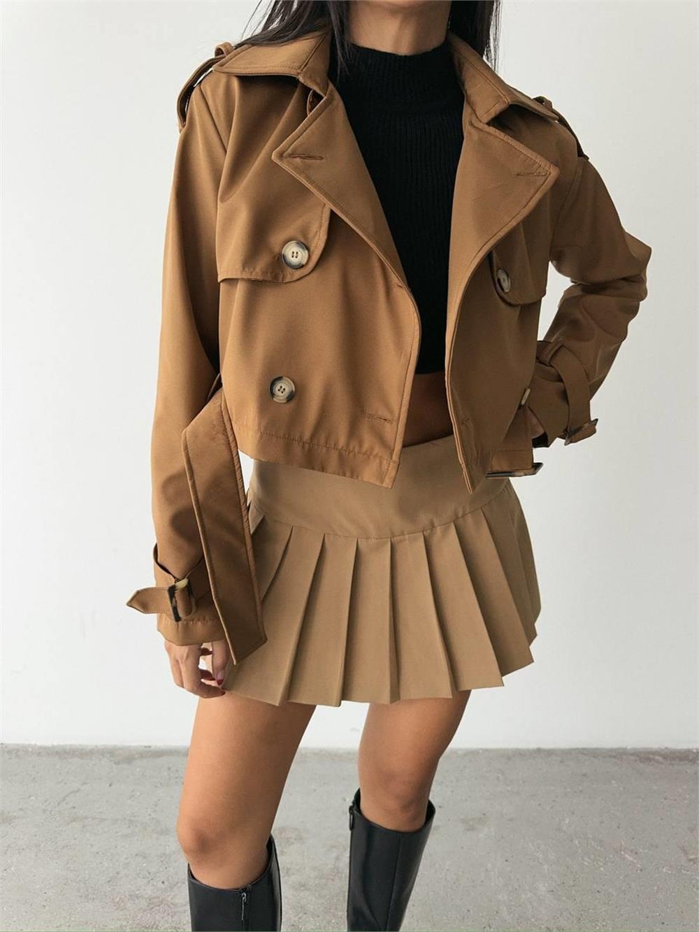 CROP TRENCH KEMER DETAYLI - Kahverengi