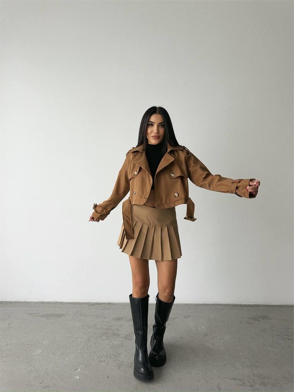 CROP TRENCH KEMER DETAYLI - Kahverengi