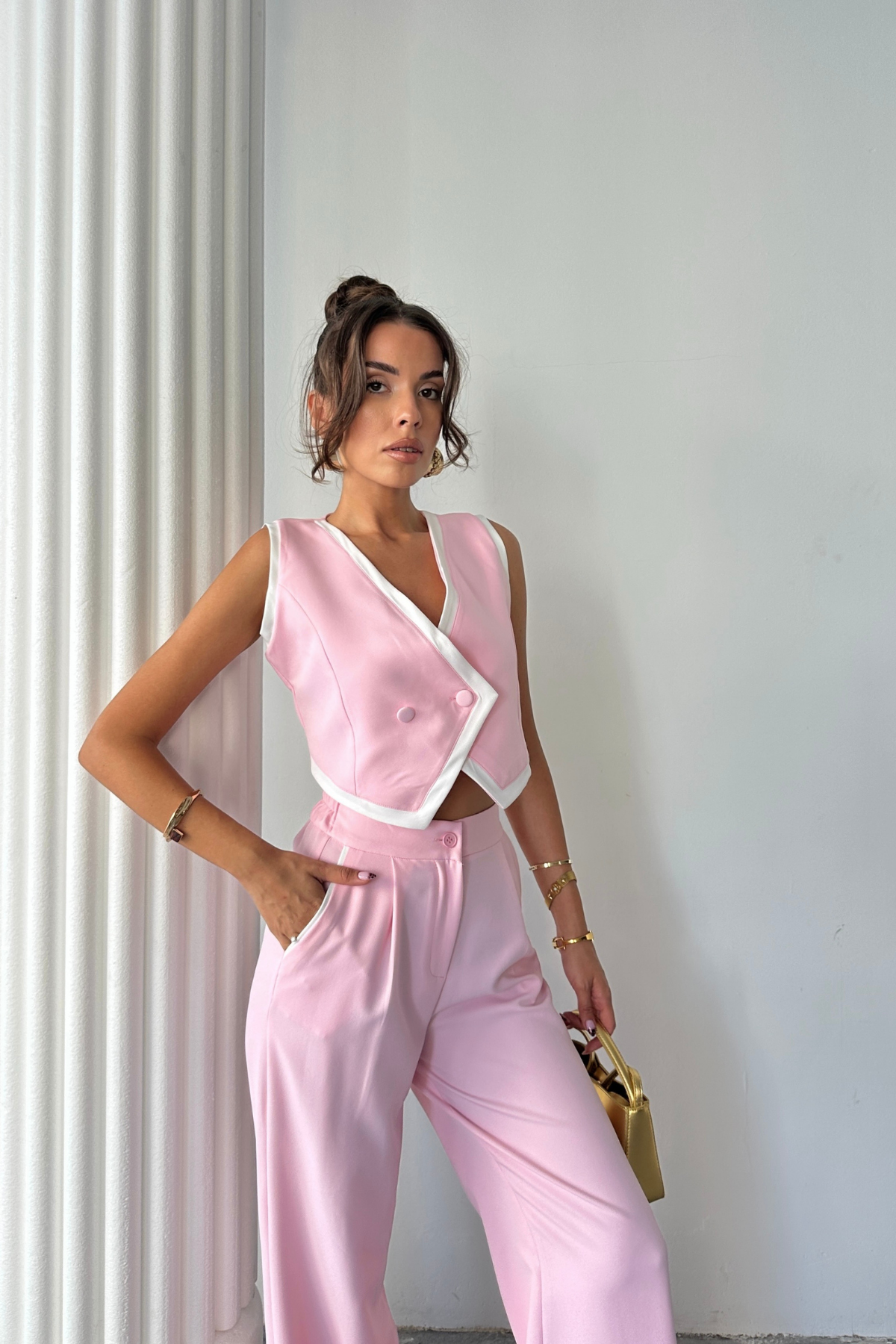 CROP YELEK ASİMETRİK BİYELİ - PANTOLON TAKIM - Pembe