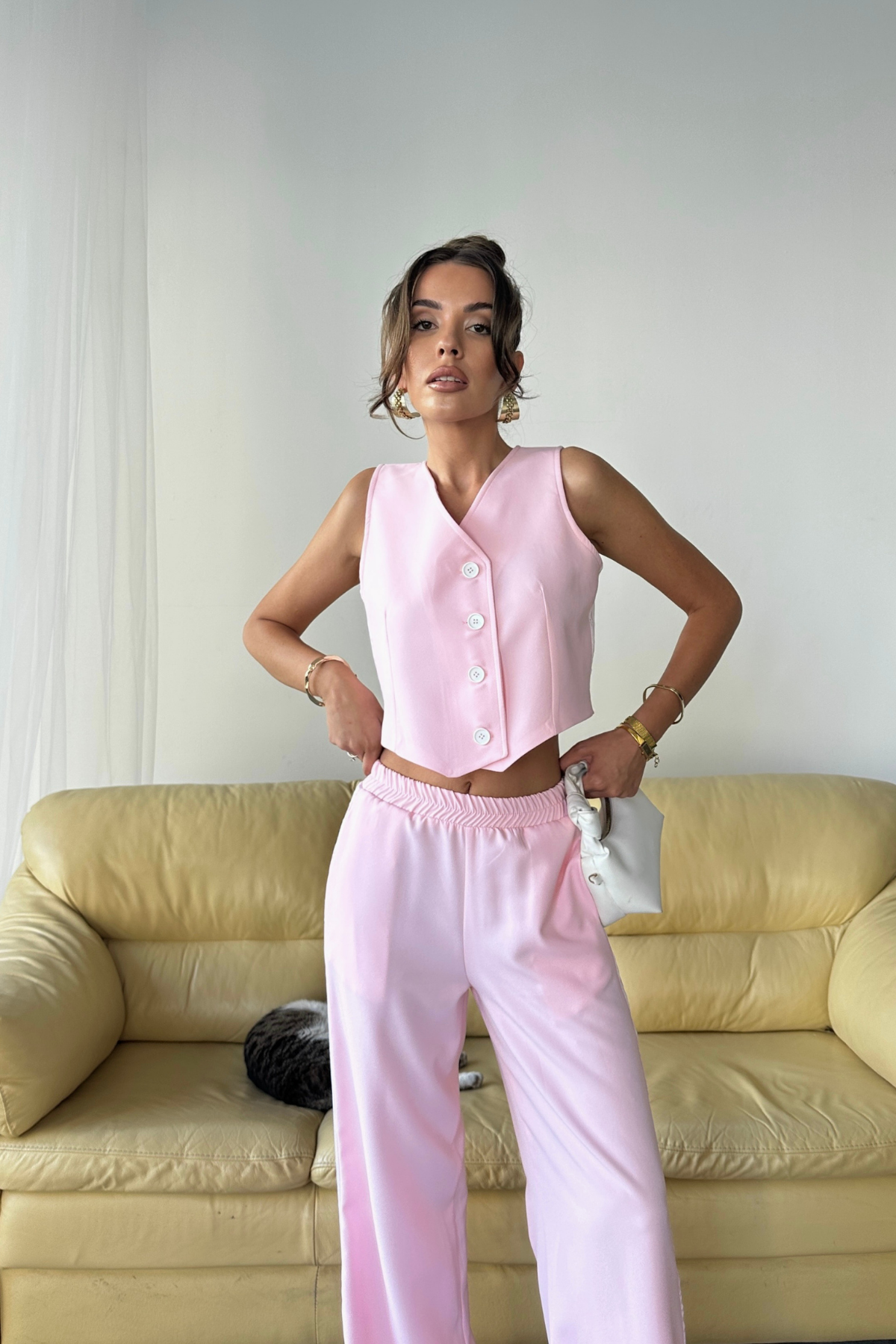 CROP YELEK - PAÇASI YIRTMAÇ DETAYLI YANLAR ŞERİT PANTOLON TK - Pembe